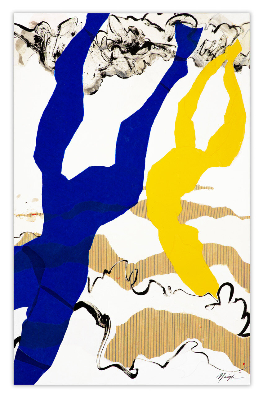 Abstract photograph and drawing of the calligraphy on white background and covered by blue and yellow drawing.