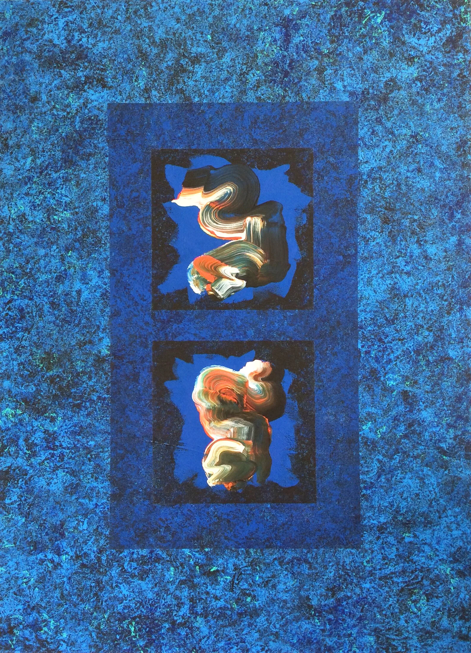 Abstract painting with multi layers of blue color with two square line up in the middle, dominated with the calligraph in each square.