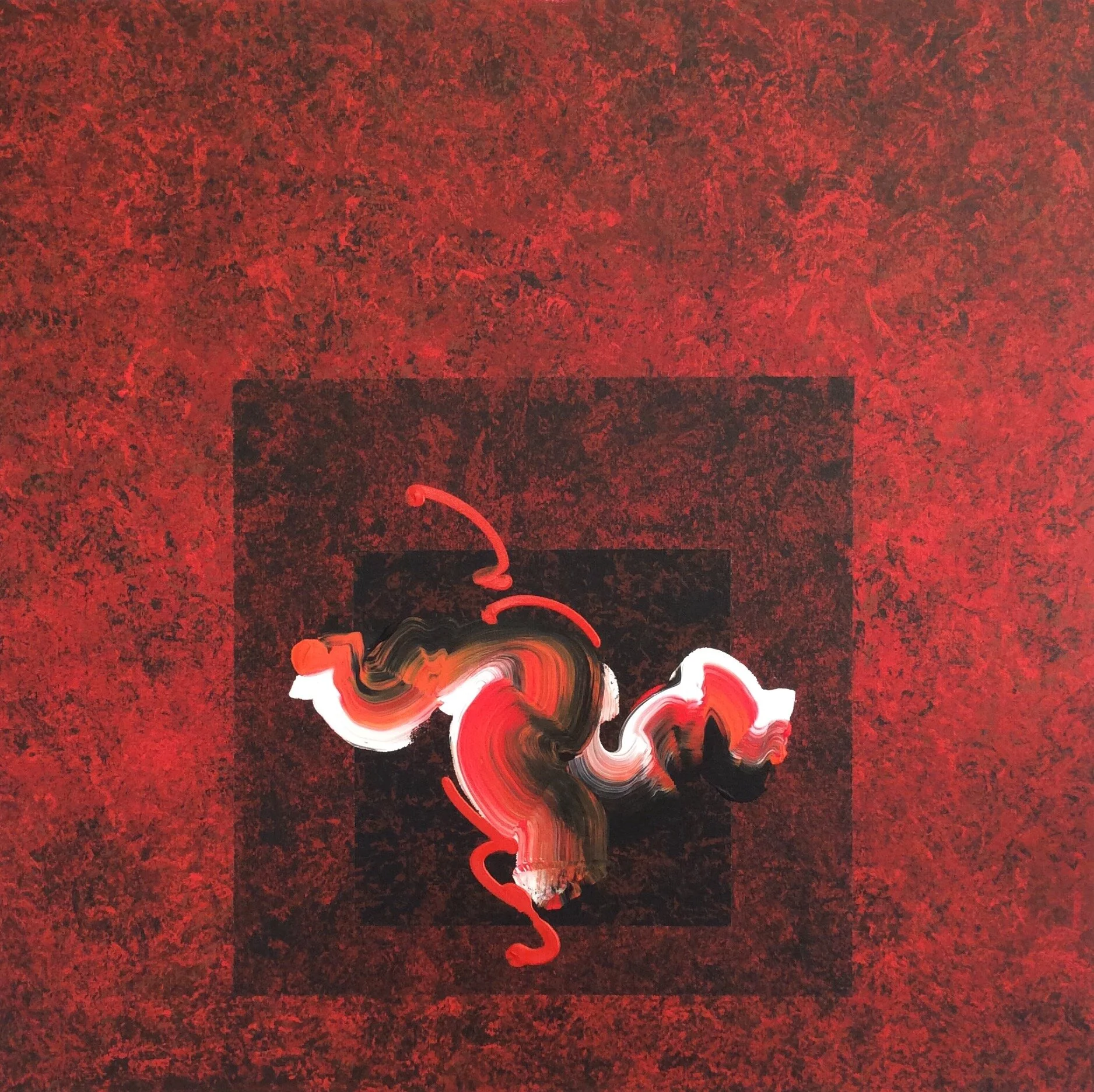 Square abstract painting with multi layers of red color with the calligraph in the middle