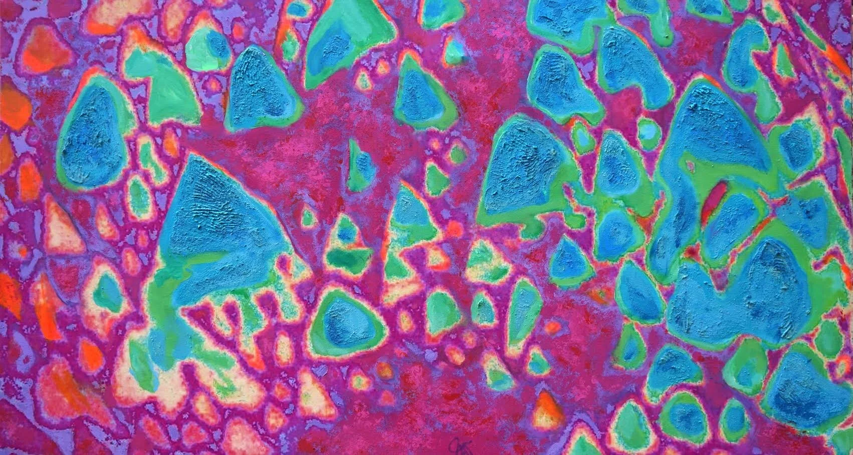 Abstract painting with dominated yellow, green drawing on the right and blue on the left side.