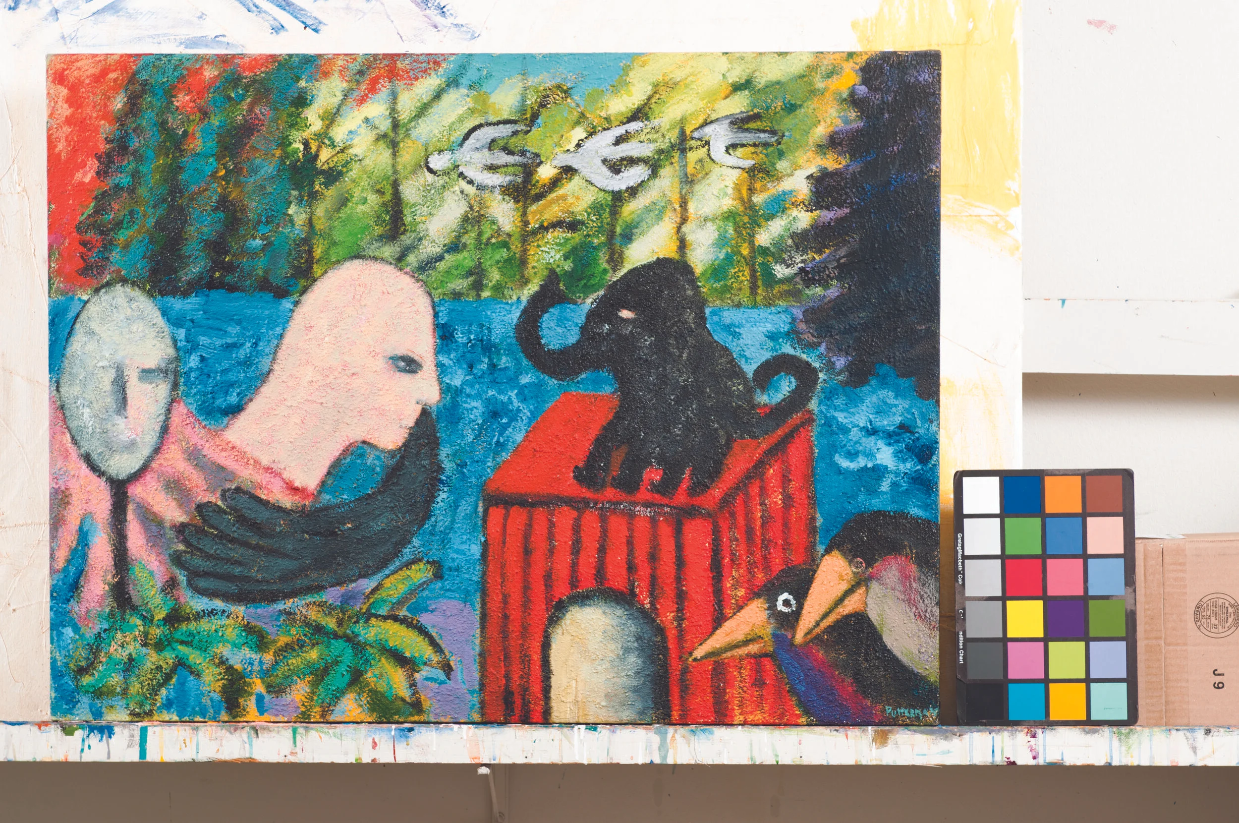 Abstract painting dominated with a human figure on the left side approaching to the black elephant on the right side, with the background of nature.