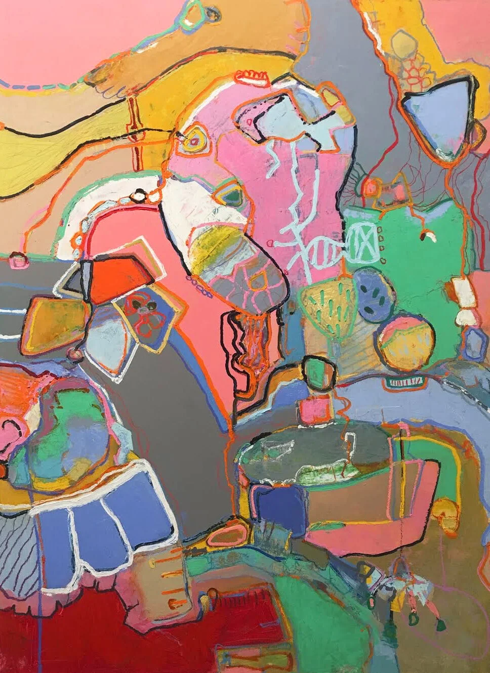 Abstract painting dominated with multi colors and lines, blue, green pink, blush, yellow, brown.