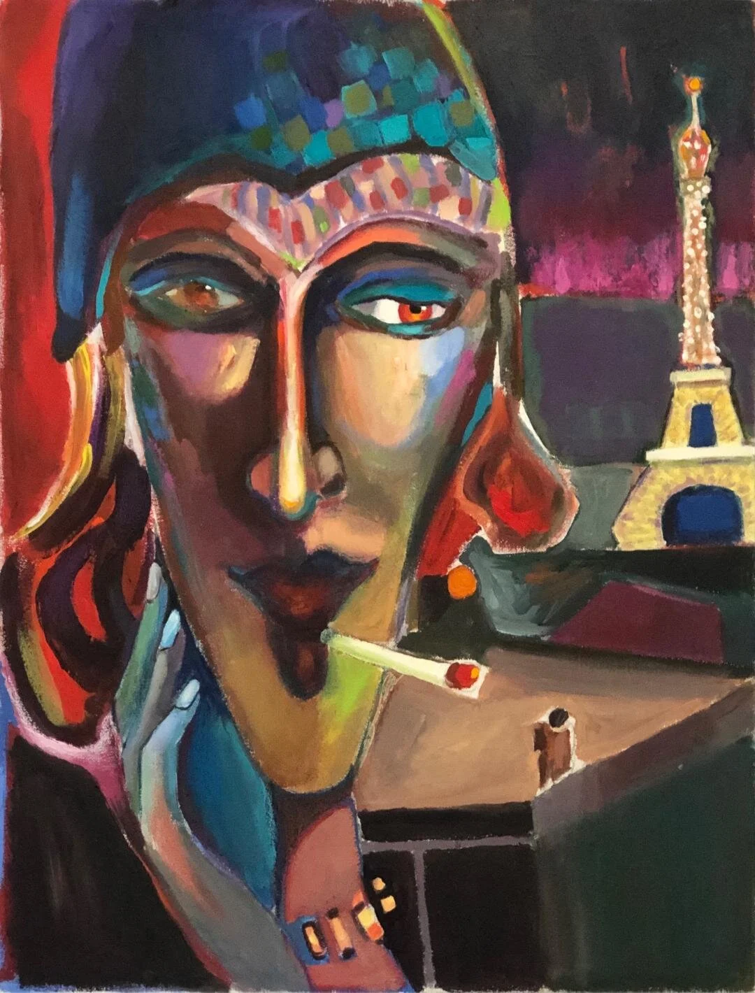 Abstract portraiture of a Parisian woman smoking a cigarette. Blue, red, yellow on the face and the Eiffel tower on purple background.
