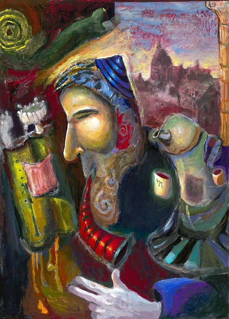 Abstract portraiture of a man smoking a cigarette. blue, red, green on the face and multicolor architectures on the background.