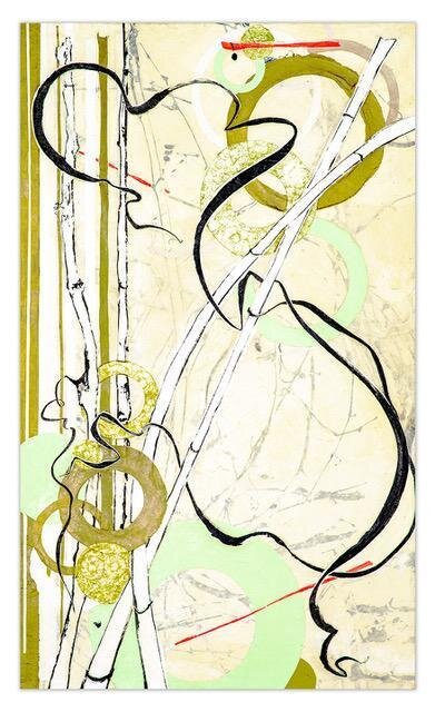 Abstract drawing and photography of blowing grasses with green, bronze and golden circles.