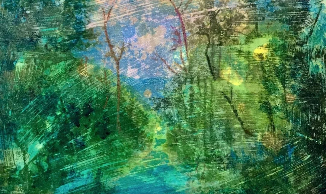 Abstract drawing of the forest dominated with green yellow and blue