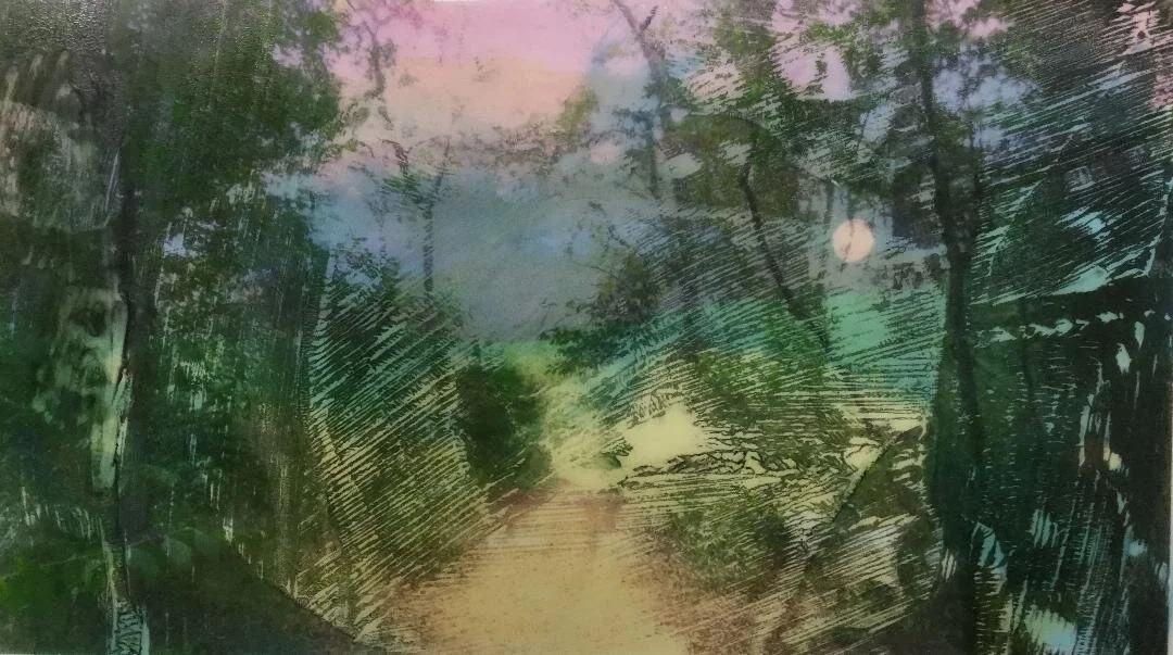 Abstract drawing of the trees dominated with green, brown