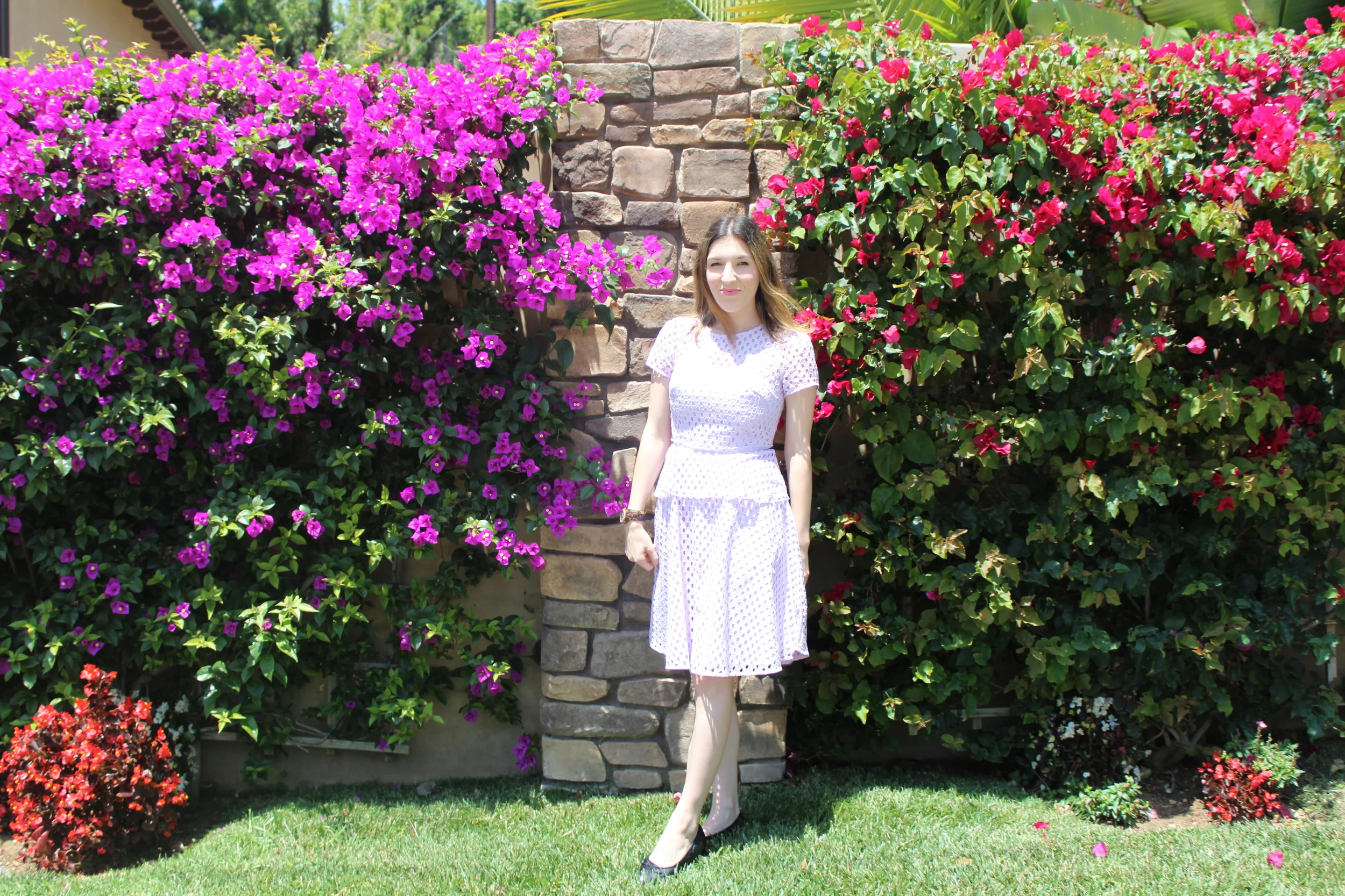 Dress: Banana Republic , similar here , here , and here // Flats: Chanel, similar here and here This peplum dress has to be the prettiest shade of lavender I have ever seen! I love that is structured and also has little lace cut outs throughout the whole dress. It hits right at the knee which makes it an easy length to wear with heels or flats. I paired this dress with my Chanel quilted ballet flats to keep it dressy but make it easier and more causal to wear than a heel. I love that the top is extremely fitted while the peplum and bottom portion of the dress are more flowy, creating a beautiful silhouette. Happy Wednesday and thanks for stopping by! Keep following for more new looks!!! Ciao!!! xx Nicole
