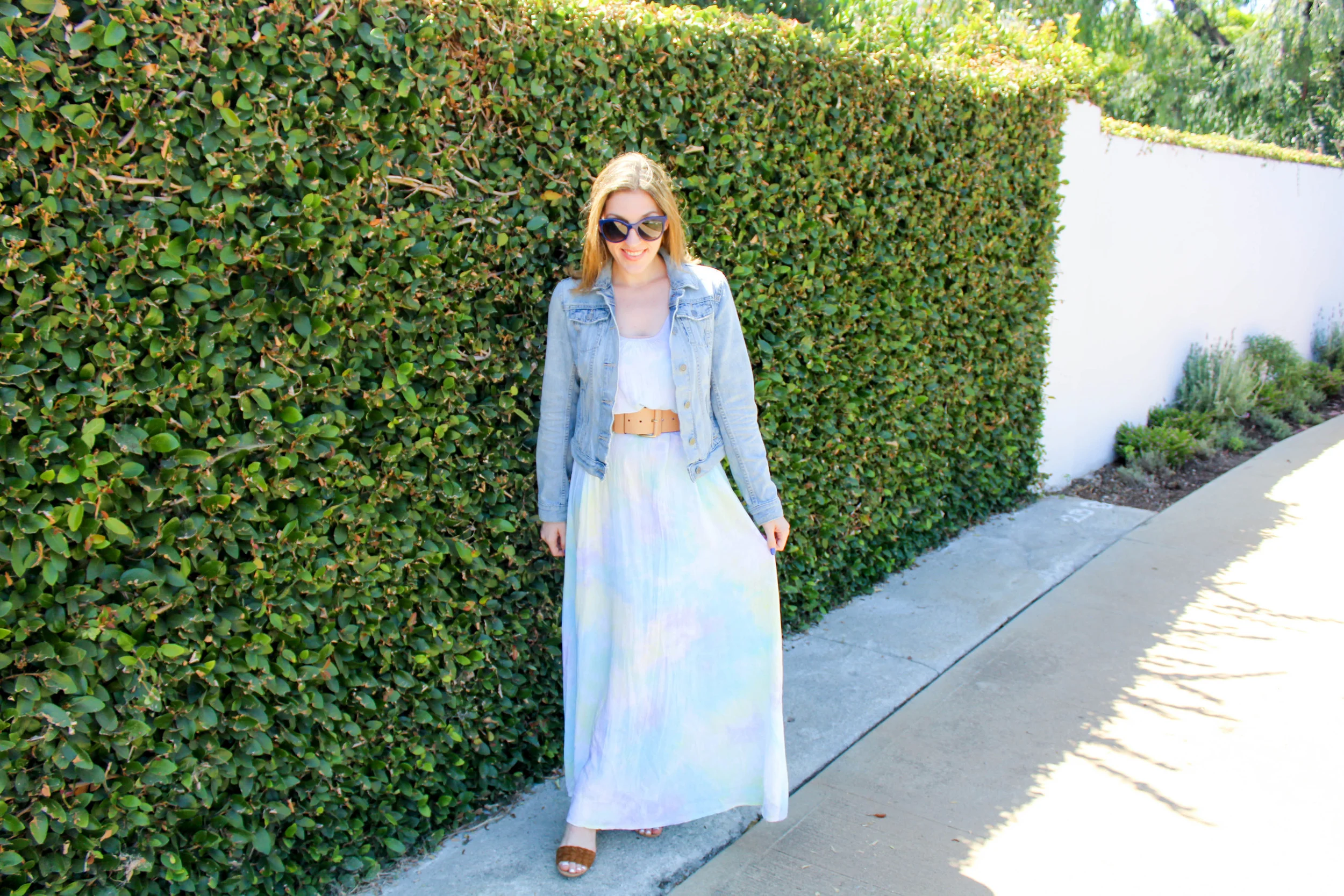 Sunglasses: Chanel // Jacket: Banana Republic // Belt: Banana Republic, similar here // Dress: Tobi // Shoes: Joie, similar here Hi everyone! Hope your week is staying cool while we wait out this crazy heat wave! Don't get me wrong I love the heat in summertime, but it has been HOT! I have been living in dresses lately to keep myself cool. I love the feel of the breeze through soft fabrics! This tie dye one is no exception. The colors on this one are so light and that is what I love about it. It is not your average tie dye dress. It has pretty soft pastel colors in it and almost looks white making it easy to pair with other colors. This dress is really long on me so I always have to belt it and add some height to make it work well on my body. I personally think adding these accessories jazzes it up and makes it look more polished than just a no shape maxi. This day while taking pictures it was extremely windy by the beach, hence my windblown hair and dress in some of these pictures. That is why I kept my light denim jacket on over the dress, which actually turns out is not that hot to wear. I threw on one of my favorite pairs of sunglasses and this look was ready to go! Thanks for stopping by and keep following for more new looks!!! Ciao!!! xxNicole