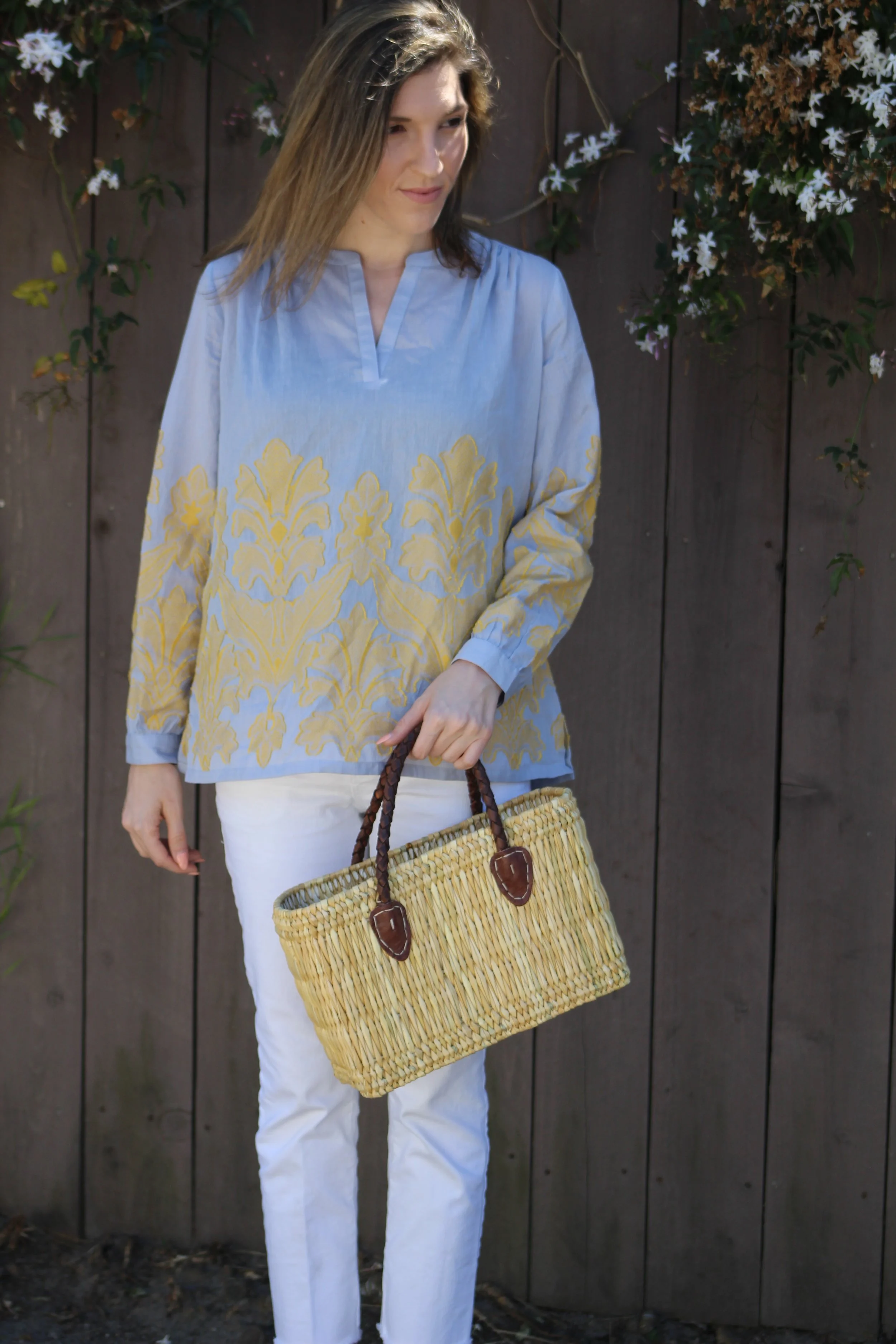 Top : Loft, similar here // Jeans : Banana Republic, similar here // Bag : Global Goods Partners, similar here // Shoes : Alex + Alex, similar here Happy Wednesday friends! Todays post is a reflection of the amazing season and weather that is currently happening right now! I am seriously in love with this look, from the basket tote to the embroidery, it is perfection! If you have followed my blog for some time now, you know that I am a lover of anything embroidered so this top caught my attention immediately when I saw it online. Not only do I love it because of the beautiful embroidery, but I love the color combo of blue and yellow. It is so refreshing and different for Spring! What a great pairing! Loft always surprises me with their blouses. They are always beautiful and on trend, but they are always unique and wonderfully crafted! I always find a great piece to add to my wardrobe! White denim is always a great choice for Spring because it pairs well with anything and it feels so fresh and crisp especially after all the dark that was worn for the winter season. Another great part of this outfit is my new Global Goods Partners basket tote. I love love love this bag! It is perfect for the spring and summer months ahead. I can't wait to wear it with a cute floral dress and maybe bring it along for a warm outdoor picnic! This look definitely has me feeling Spring- and I can't wait to wear more outfits just like this one! ~ Nicole 
