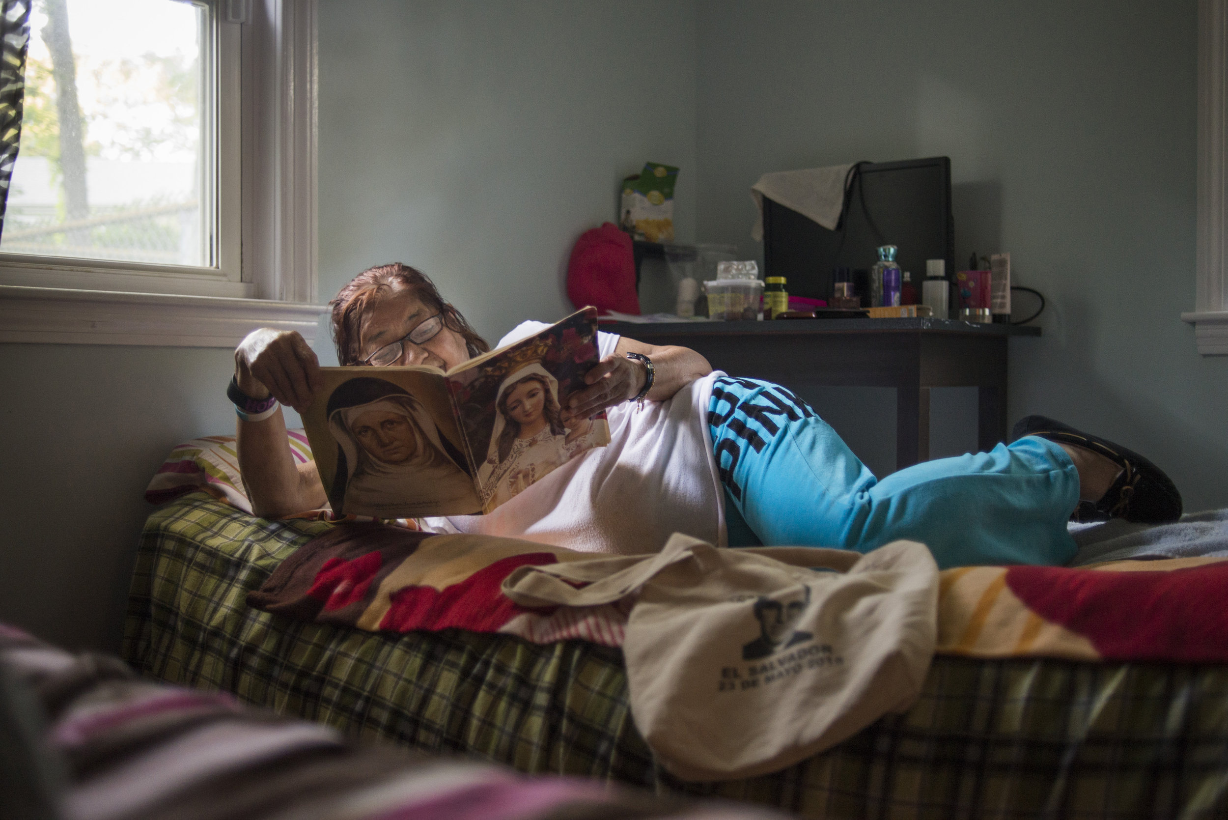 My grandmother Nora’s ritual is to read her Catholic magazines that she brings from her hometown in Mejicanos, San Salvador. It is her way of staying spiritually connected, since she cannot visit church as frequently as she would like. 