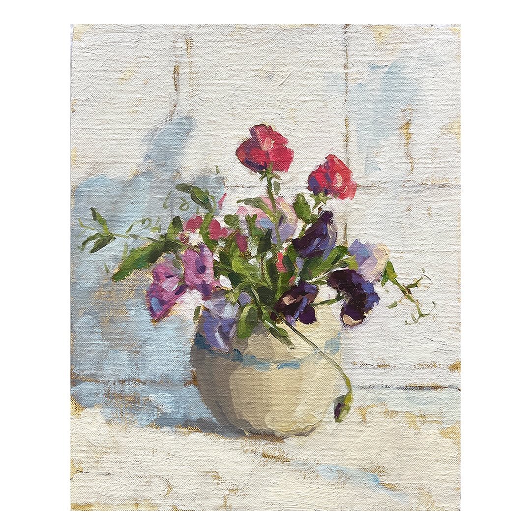 The sweet peas have had another flush of blooms so I have been painting them again in a still life today. I might make a few adjustments once it&rsquo;s dry but I&rsquo;ll see. 

They are getting very thirsty in this hot weather and a few plants have