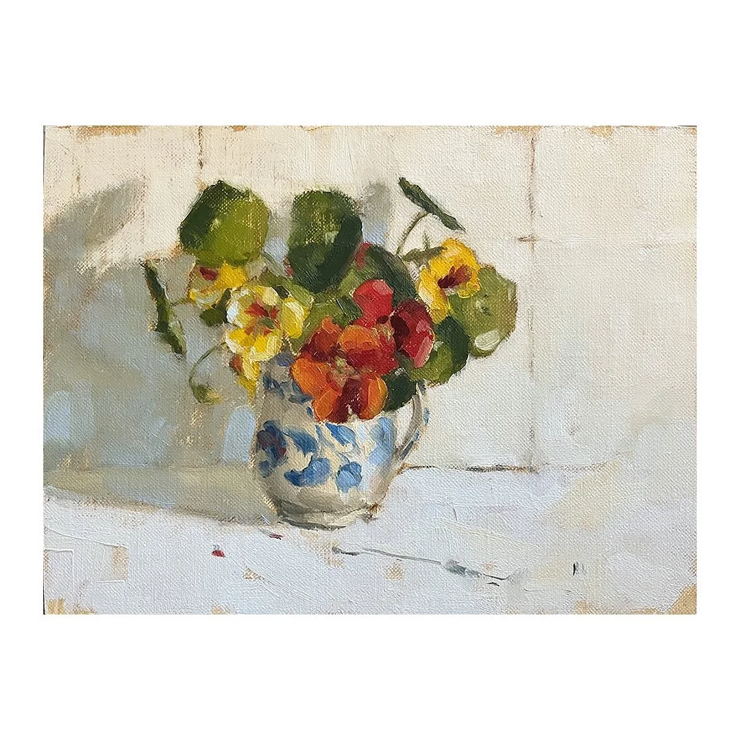 The nasturtiums in the garden are still going strong, in fact they are just growing and growing and looking gorgeous! Their petals are so vibrant and striking, especially against the flat green leaves and are a joy to paint.

I tried out a fine linen