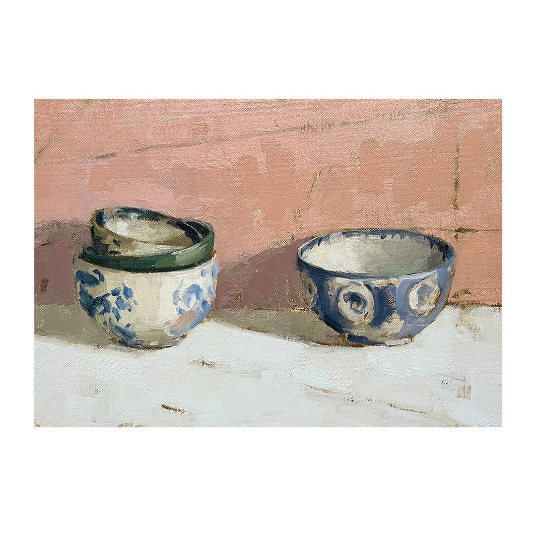 I&rsquo;ve been painting another still life of some little stacks of bowls. They are a real mixture or ages and makers but all fit together so well. I really enjoy painting them as each one has its own personality.

I have lots of exciting things com