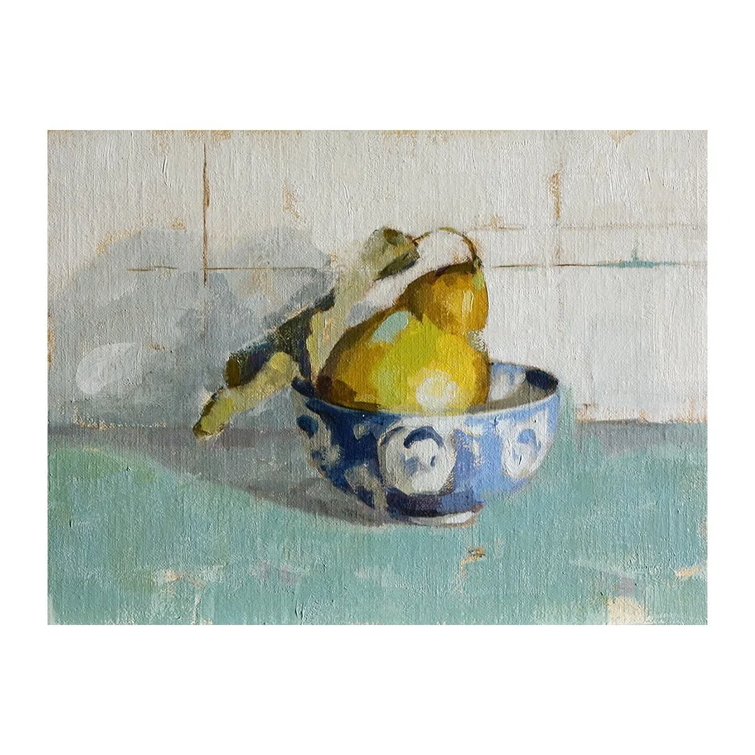 A little painting of a quince nestled snuggly in one of my China bowls. It&rsquo;s fascinating watching the colour of my pile of quinces change as time goes by. They are becoming far more yellow. And it&rsquo;s a warmer yellow with fewer green highli