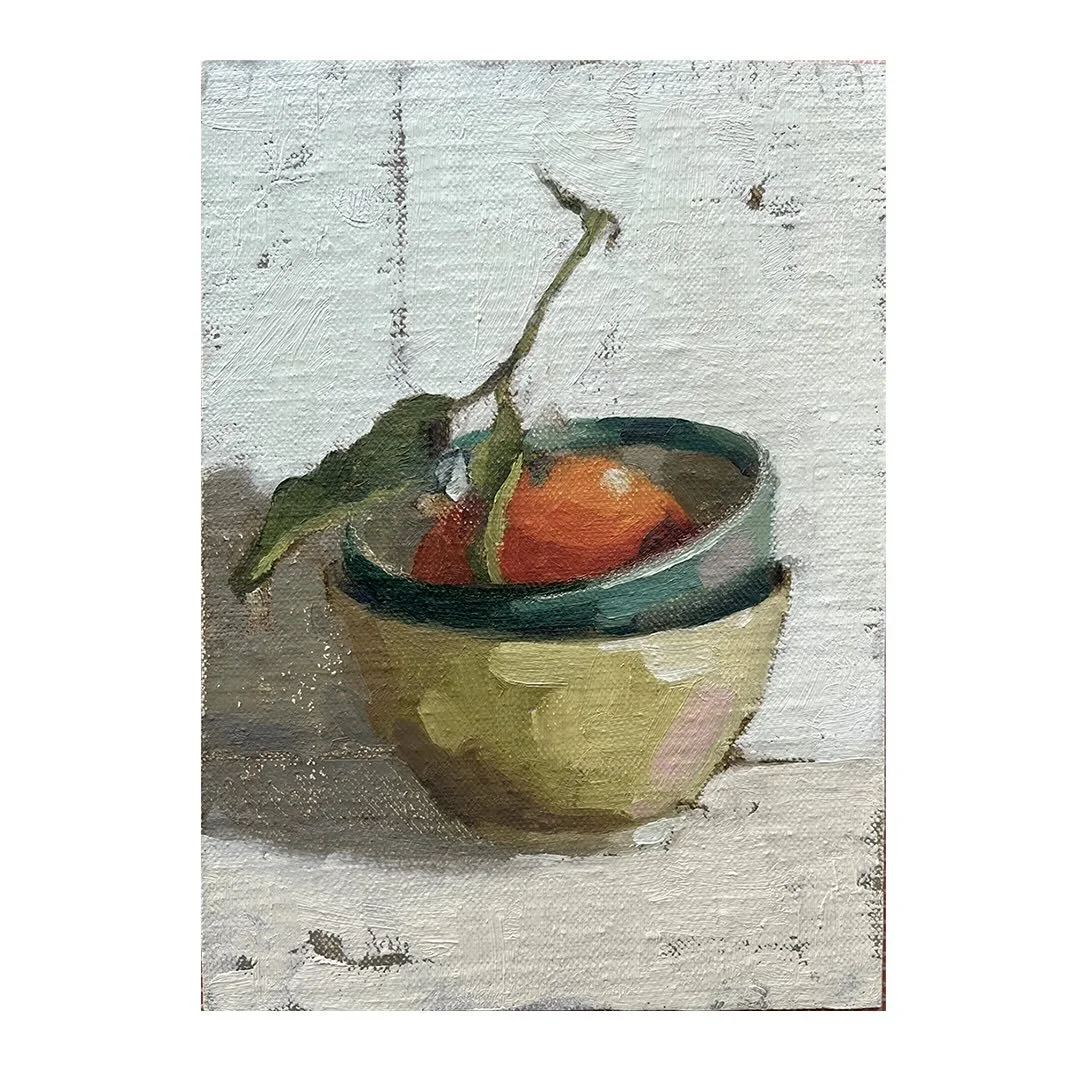 It&rsquo;s so nice at this time of year when the shops start selling tangerines with their leaves on! I really enjoyed painting this little still life with one of them sitting happily in a little stack of bowls. The orange went so well with the deep 