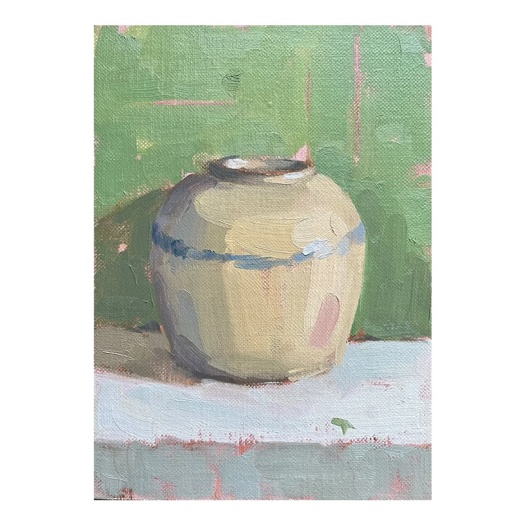 I am always drawn back to painting my little French ginger jars, this time playing with the backdrop. It gives the jar a very different feel to the more neutral backgrounds I&rsquo;ve used previously. 

This still life is part of my Little Paintings 