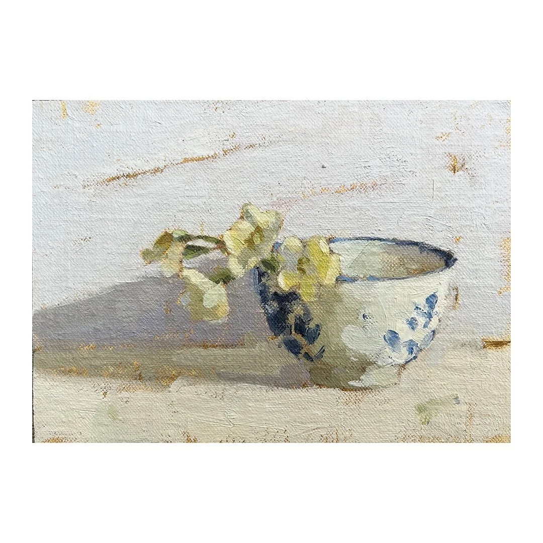 Just as the frost arrives to get the last of the nasturtiums and dahlias, these brave little primroses have decided to pop out in my garden. I just had to paint a few of them in this little still life. They look so beautifully delicate and yet they a