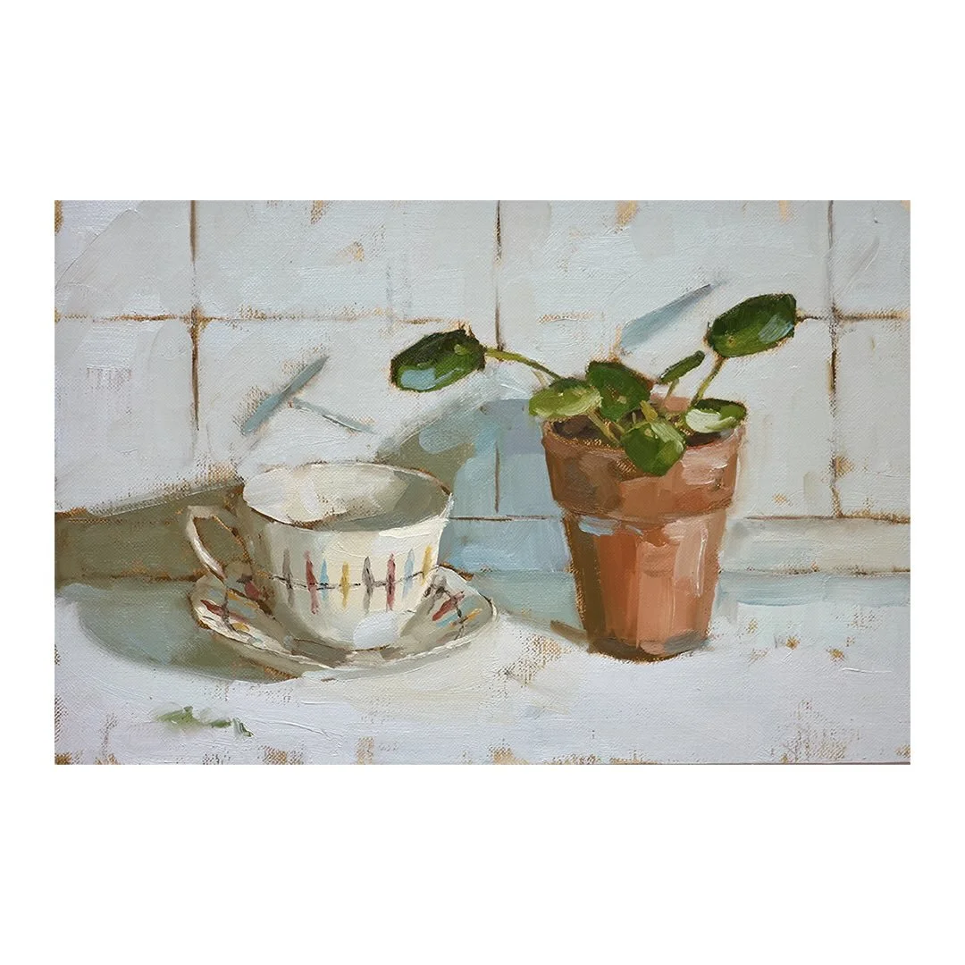Day 2 #stradaeasel 

A lovely early paint today so the light was much better! The same cup as yesterday along side one of my baby money plants. A few more leaves on it since I painted it in November.

Did anyone else wake up to snow today? The most b