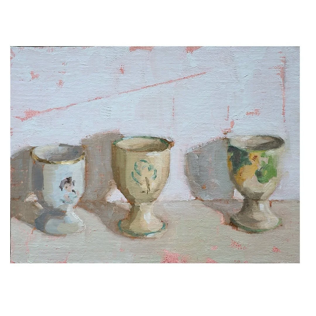 Day 3 #stradaeasel 

A trio of old egg cups for today&rsquo;s still life painting. They have all been presents from my mother over the years and sit on my kitchen dresser (gathering dust!). They are fun to paint, lots of slight variation in tone/valu