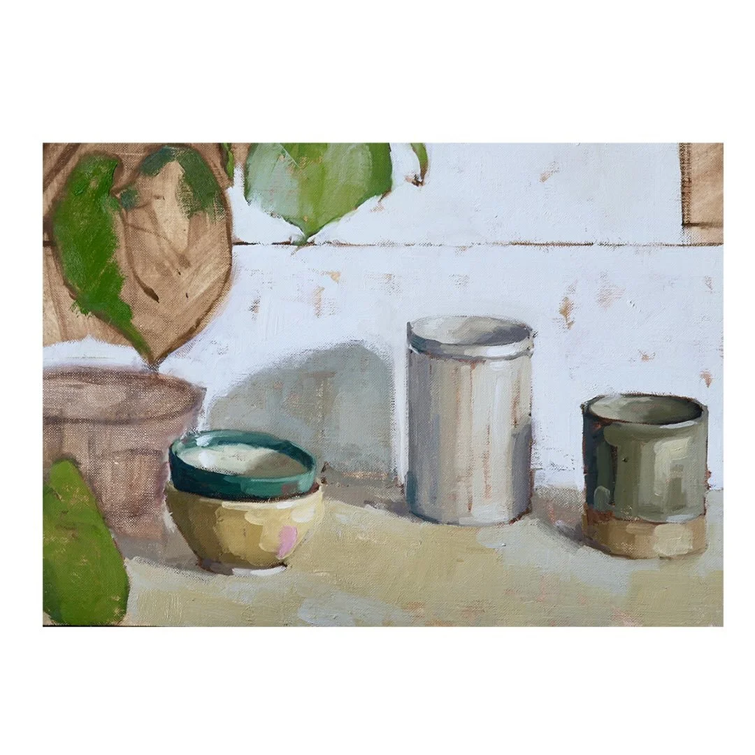 Day 28 #stradaeasel 

I carried on with this still life painting today, working on more of the pots. I ended scraping off the bowl from the other day as it was really annoying me so I&rsquo;ll have another go at that next time. I like how this area i