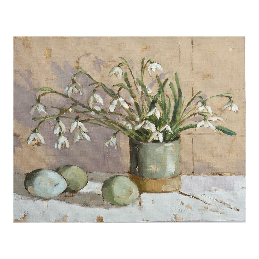 Snow drops and little blue eggs. They seem to go so happily together in this still life set up and I enjoyed painting them today. I&rsquo;ve contrasted their cool blues and whites with a warm background. It also adds to the feeling of calm.  I love t