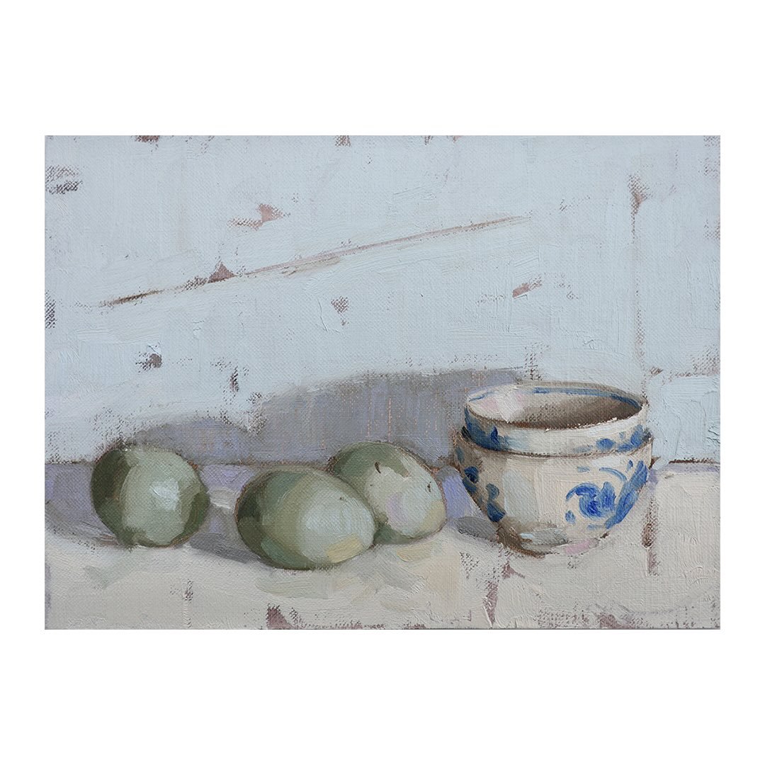 I&rsquo;ve been painting the most gorgeous little blue eggs today. I put them in a simple still life set up which seemed to reflect the quiet winter day.

This painting will be part of my next collection which will be coming out at the end of the mon