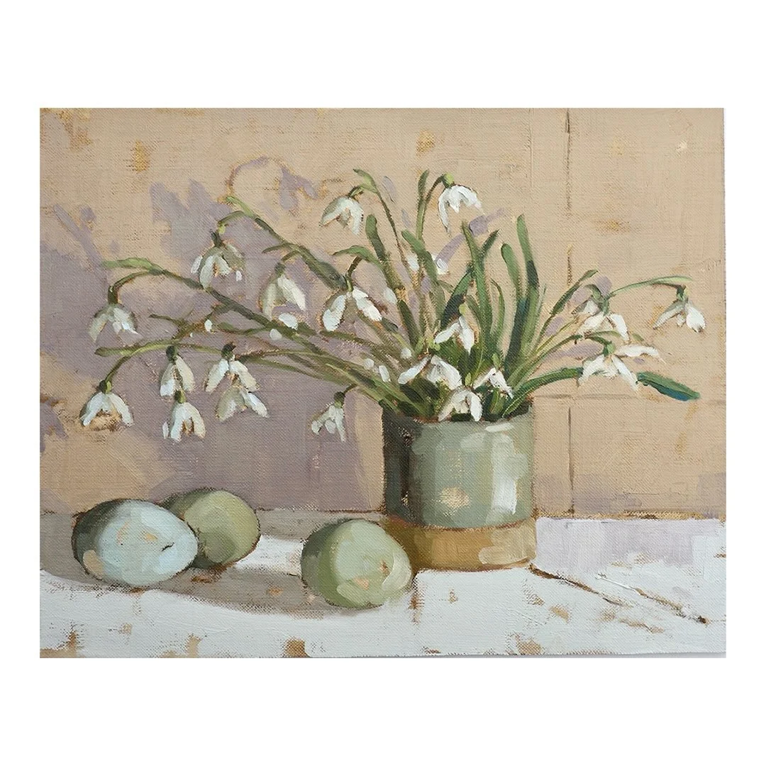 Snow drops and little blue eggs. They seem to go so happily together in this still life set up and I enjoyed painting them today. I&rsquo;ve contrasted their cool blues and whites with a warm background. It also adds to the feeling of calm.  I love t