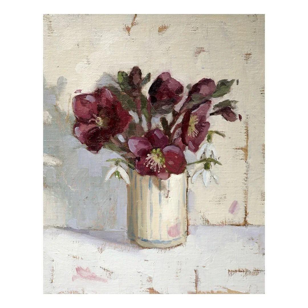Day 29 #stradaeasel 

I painted the set up of hellebores and snowdrops that I prepared yesterday, this time with a neutral background. It gives it quite a different feel, more restful perhaps. 

My favourite part of painting hellebores (or any flower