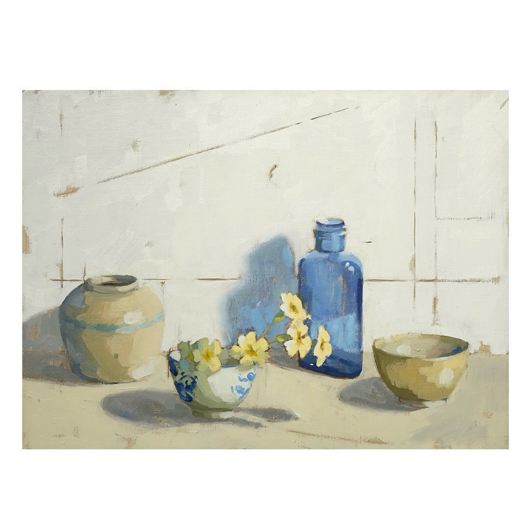 I have really enjoyed painting this still life with little primroses from the garden. They are such a quiet, gentle flower,  filling you with happiness. 

The old blue bottle was a find by my son on a walk across the fields. It&rsquo;s amazing to thi