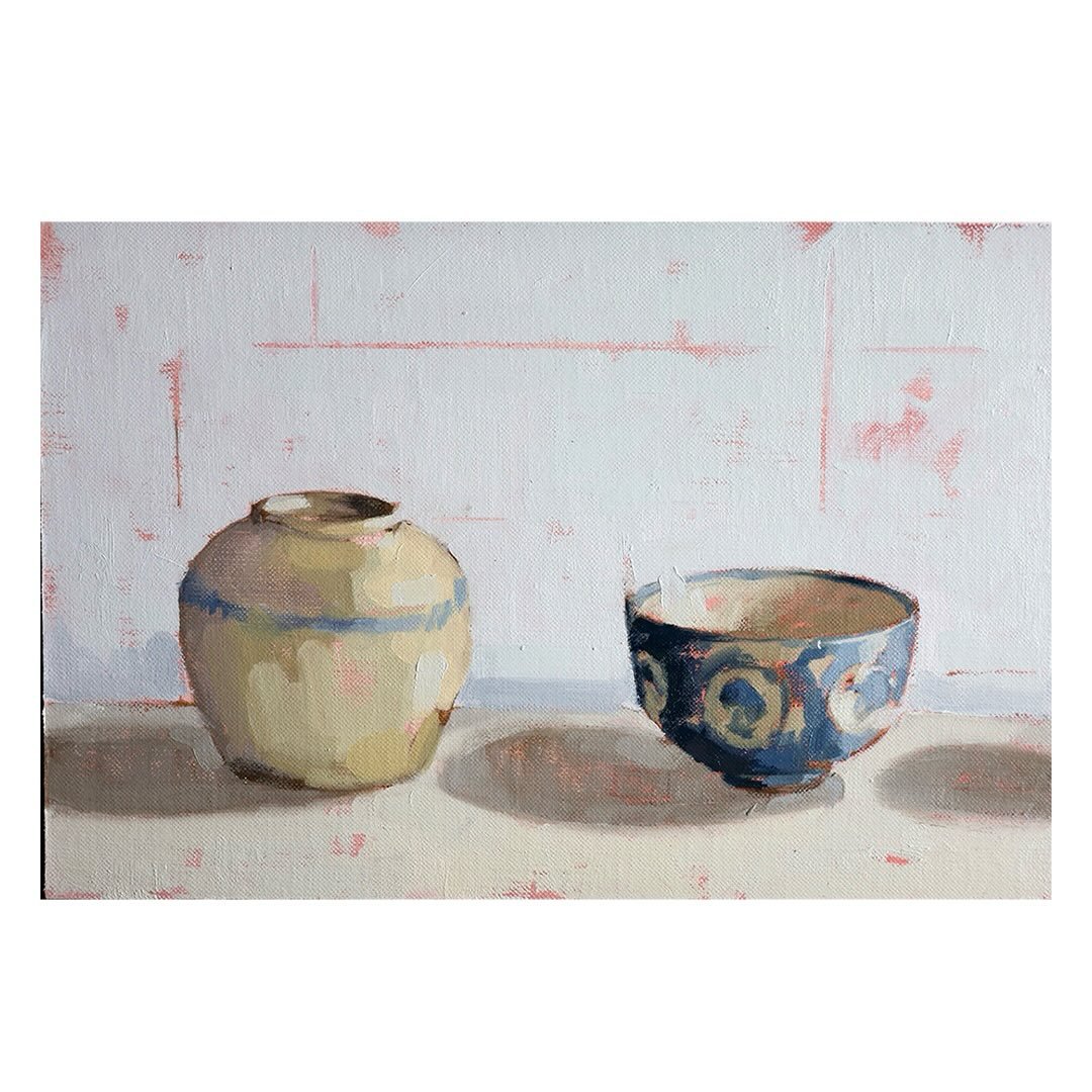 A still life painting of two of my favourite objects- a stoneware ginger jar next to a little Georgian cup. Each time I paint these I see something different and each time it is like painting them for the first time. 

This one is for an exhibition l