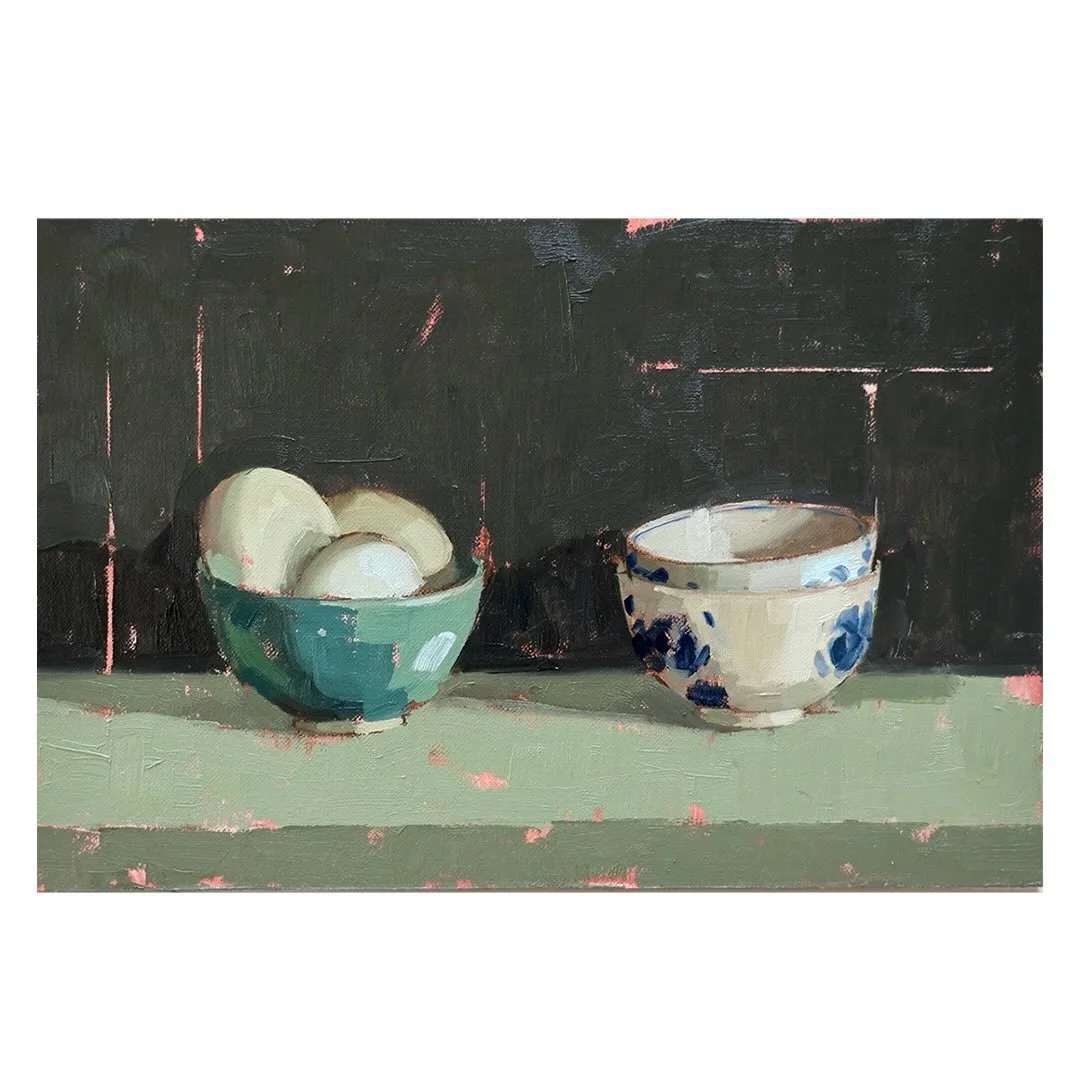 After a lovely week off in Wales it has been nice to get back to some still life painting. These little eggs are actually shades of blue and green, but against the stronger greens in the painting they look more neutral. If you cut the rest out they s