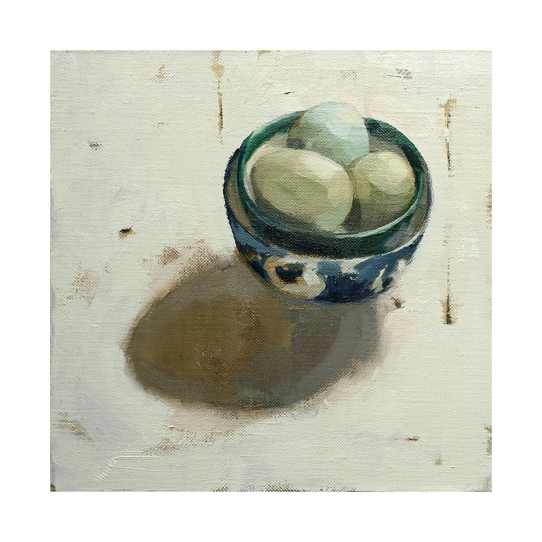 Bowls and Blue Eggs. A simple composition for this still life painting but one that is well suited to the square board. Lit from behind and above so the shadow is moving forwards, across the space. I like the freshness of the blue bowls and eggs.

Bo