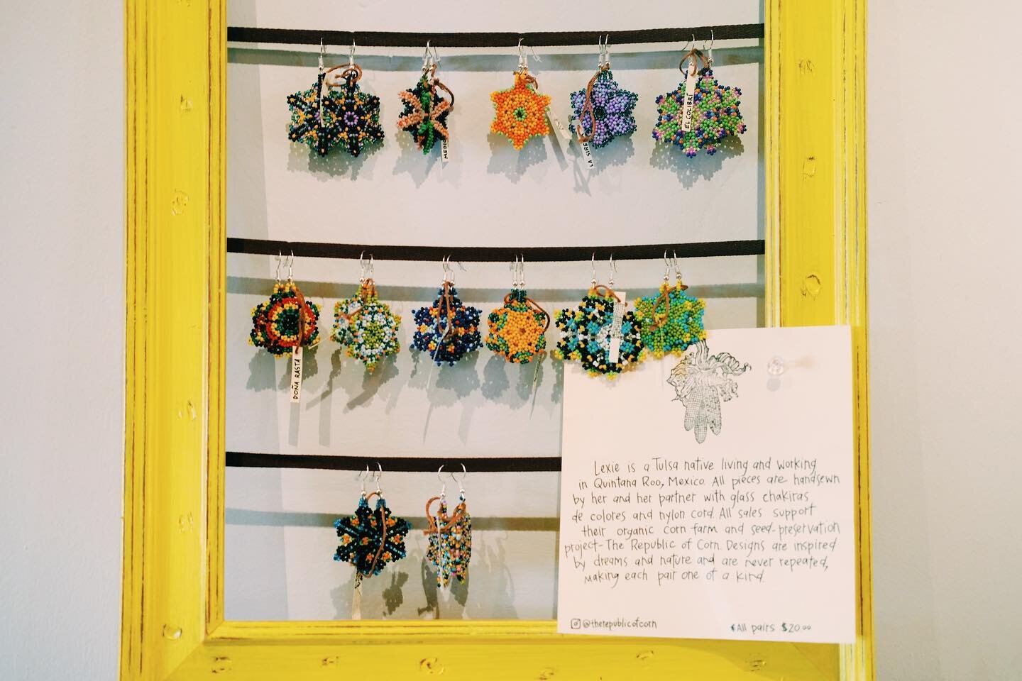 New beaded earrings on our walls, created by Lexie ✨ The proceeds from each sale benefit The Republic of Corn, a non-profit agricultural project located in the Yucat&aacute;n peninsula ✨🌿 @therepublicofcorn
