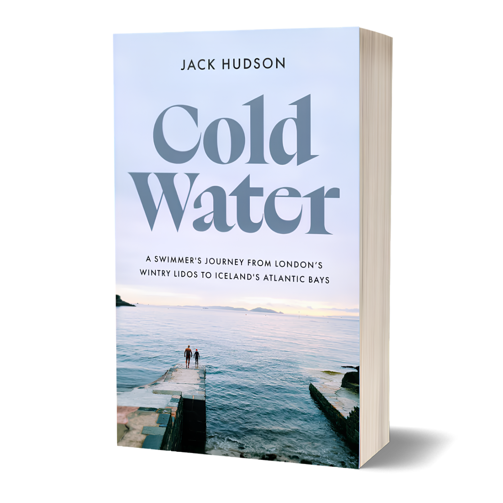 Cover of the book 'Cold Water' by Jack Hudson featuring a scenic photo of a pier extending into a calm sea with a person walking with a dog and distant islands at sunset.