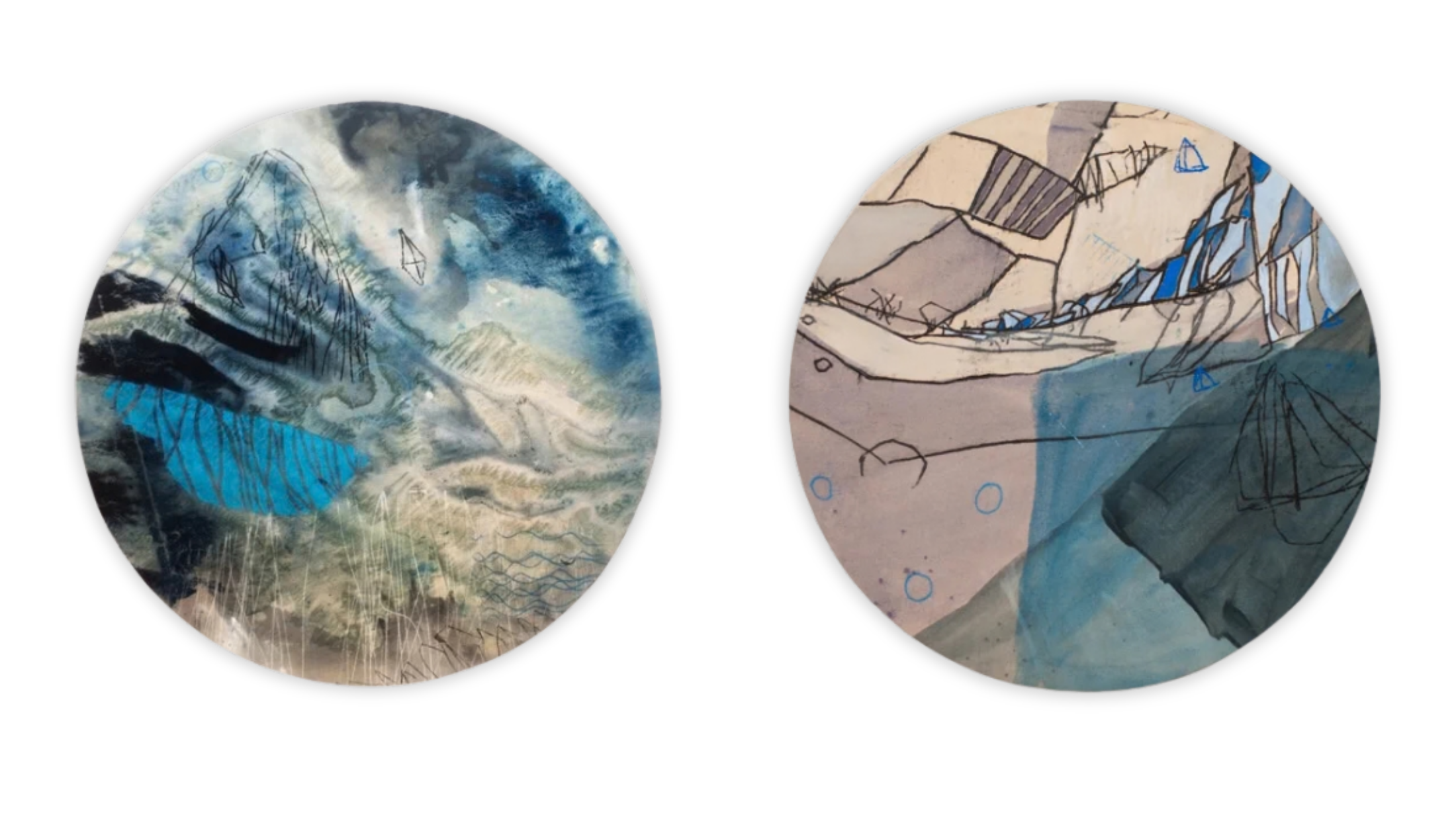 Two circular abstract artworks side by side on a black background. The left artwork features swirling blue and black watercolor with fine black line sketches resembling trees or mountains. The right artwork contains geometric shapes, lines, and patches of blue, gray, and beige colors, resembling a stylized landscape or architectural sketch.