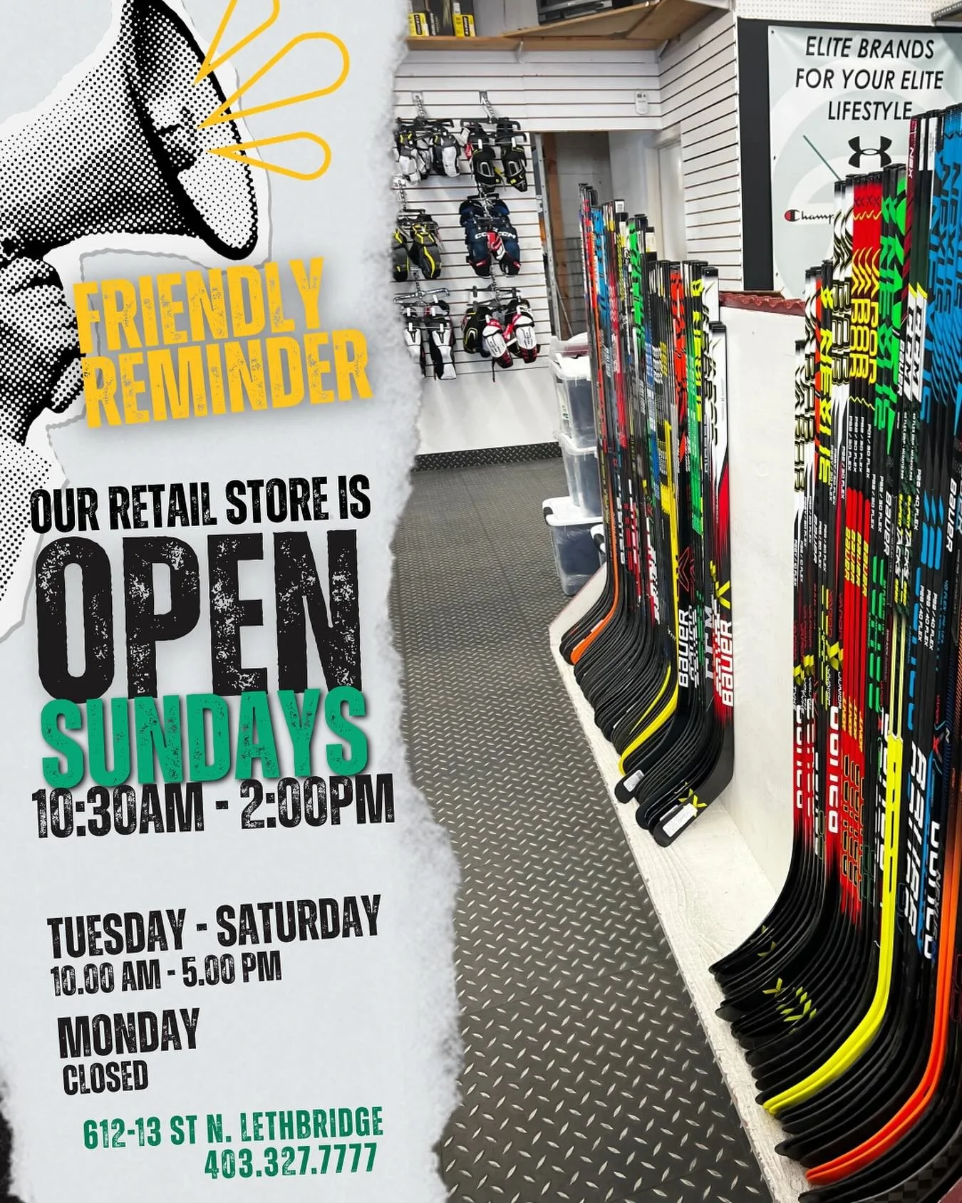 We’re here for ya! Our retail shop is open Sundays for any last minute sporting needs.
Sundays - 10:30AM - 2:00PM
π 612-13 ST N. Lethbridge
π 403.327.7777
As always, open 24-7-365 online at teamplayersbench.ca. 
#retail #sportinggoods #le