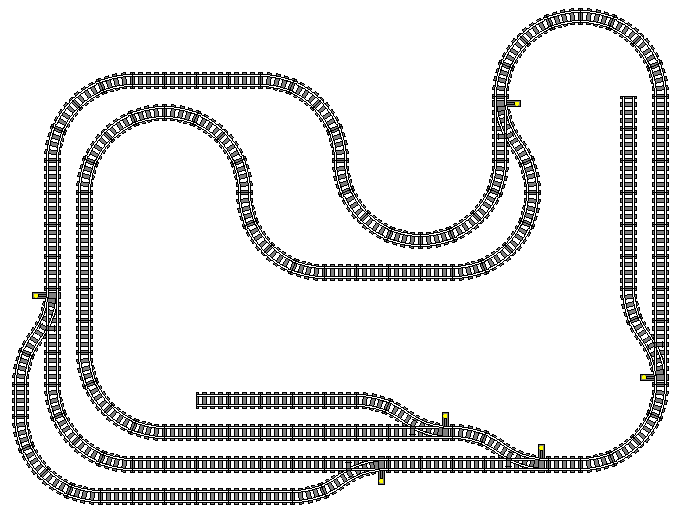 This layout is packed with operational interest: two stub-end sidings, a passing loop in the lower left, and a very long passing loop (which could be considered an alternate mainline route) stretching from the switch at the upper right of the plan, to the switch at the lower right, going around the left side of the layout.
