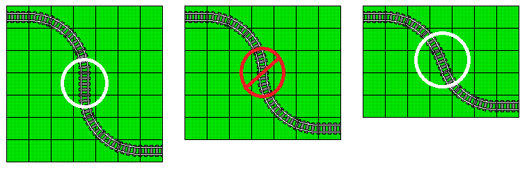 In the first example, a piece of straight track is placed between the two opposing-direction curves. A good practice. In the second example, there is no straight track between the opposing-direction curves. This could cause a derailment. In the last example, a piece of straight track has been substituted for the spot where the two curved tracks met, so each curve section is only three curved tracks long. We've also managed to save 32 studs (10" or 25.4cm) of vertical space by shortening this S-curve.