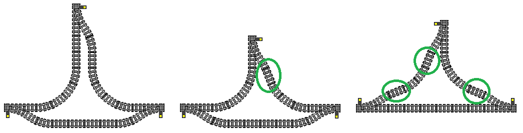 The first example shows the basic properties of building a wye in Lego, and the second two examples show the use of the straight-for-curve trick.