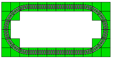 Note how on the curves, the 16x16 baseplates in each corner do not actually have track on them. You COULD place a small build in such a corner, but remember that the train will overhang the tracks by a couple of studs on the curves!