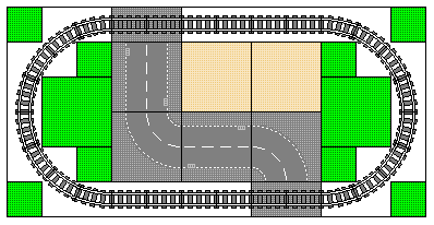 Dark Gray baseplates are roads, the 16x32 plates underneath the tracks represent grade crossings. The tan baseplates are buildings, such as the Modular series. The green baseplates represent free space for other builds, such as some scenery in the form of foliage (although note that the corners touching the tracks will need to be clear). The white space is effectively unusable as it’s too close to the tracks.