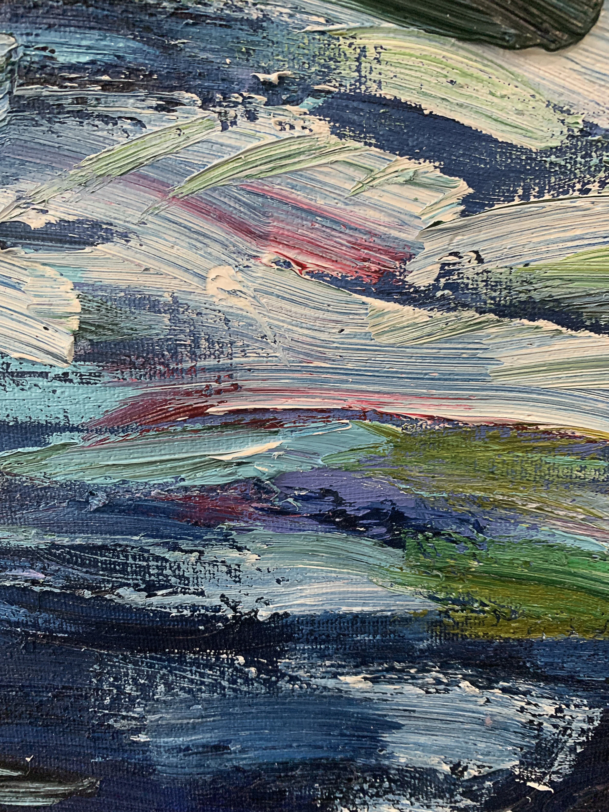 Contemporary fine art oil painting in shades of blue inspired by the ocean.  Art for sale in New York. Painting by Hudson Valley artist Monica Shulman