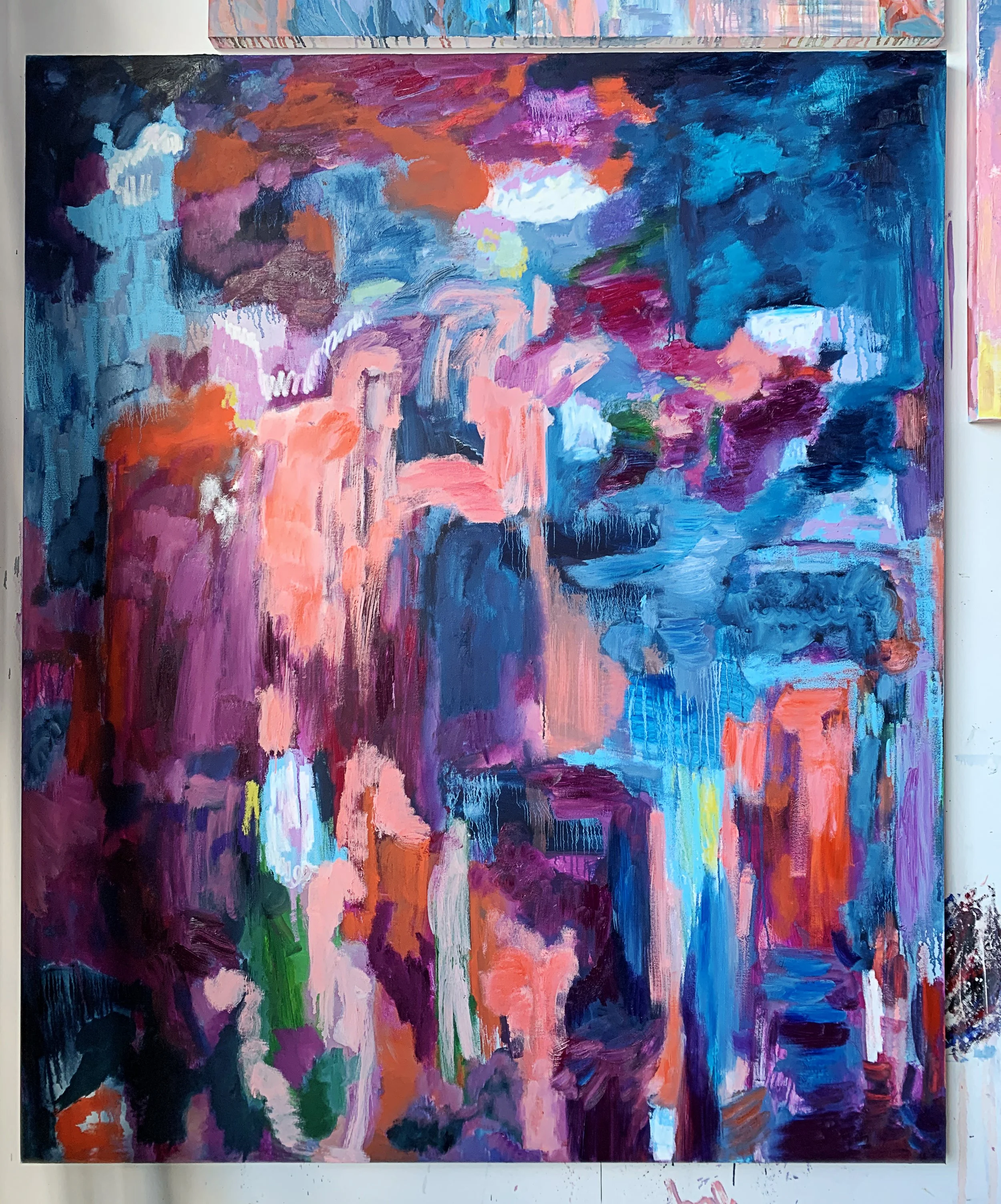 Contemporary Abstract oil painting in jewel tones by Hudson Valley emerging artist Monica Shulman. Bright, colorful, energetic art. Art for interior designers.