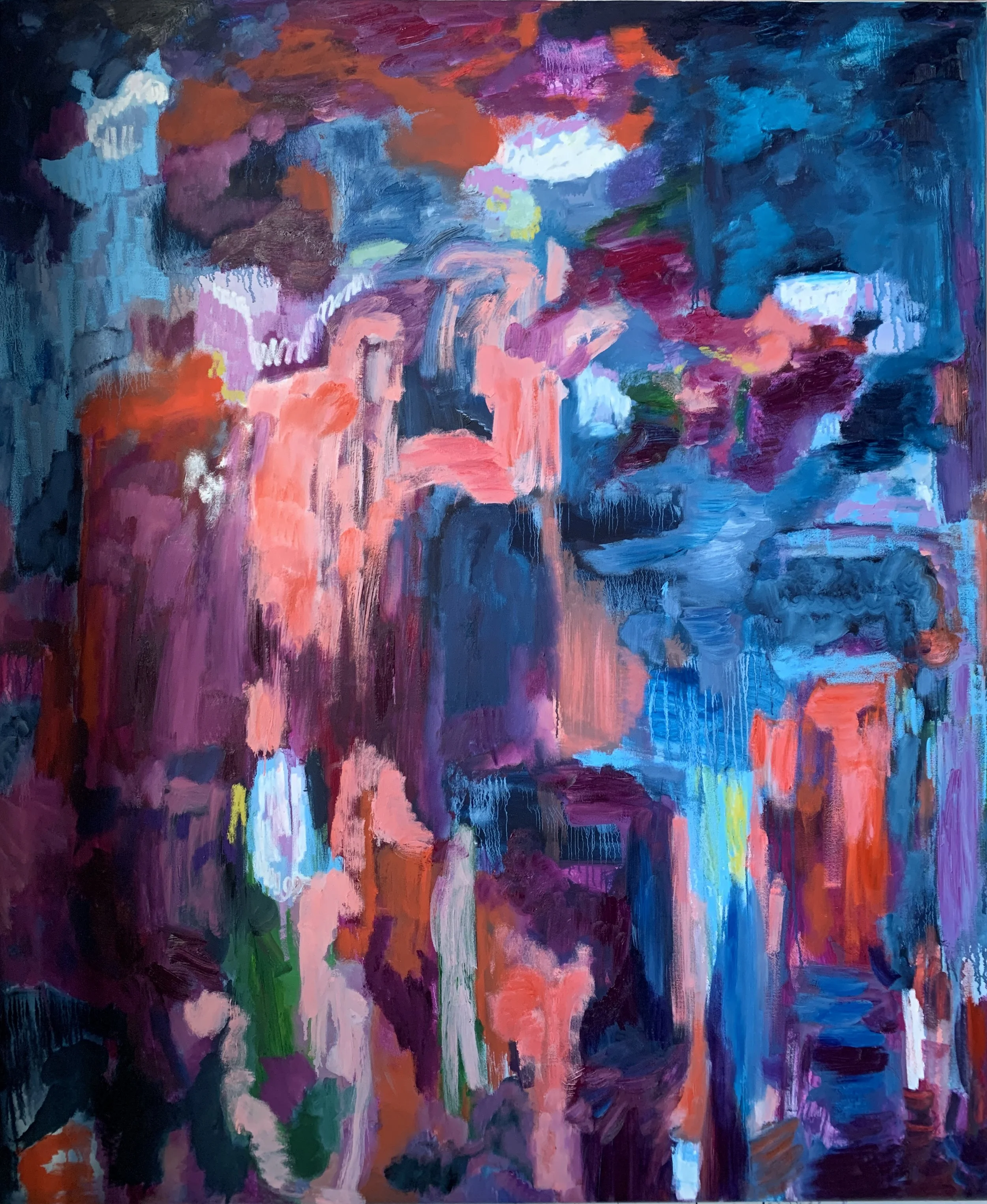 Contemporary fine art oil painting for sale. Art for interiors. Blue, pink, purple, red colorful, energetic painting.