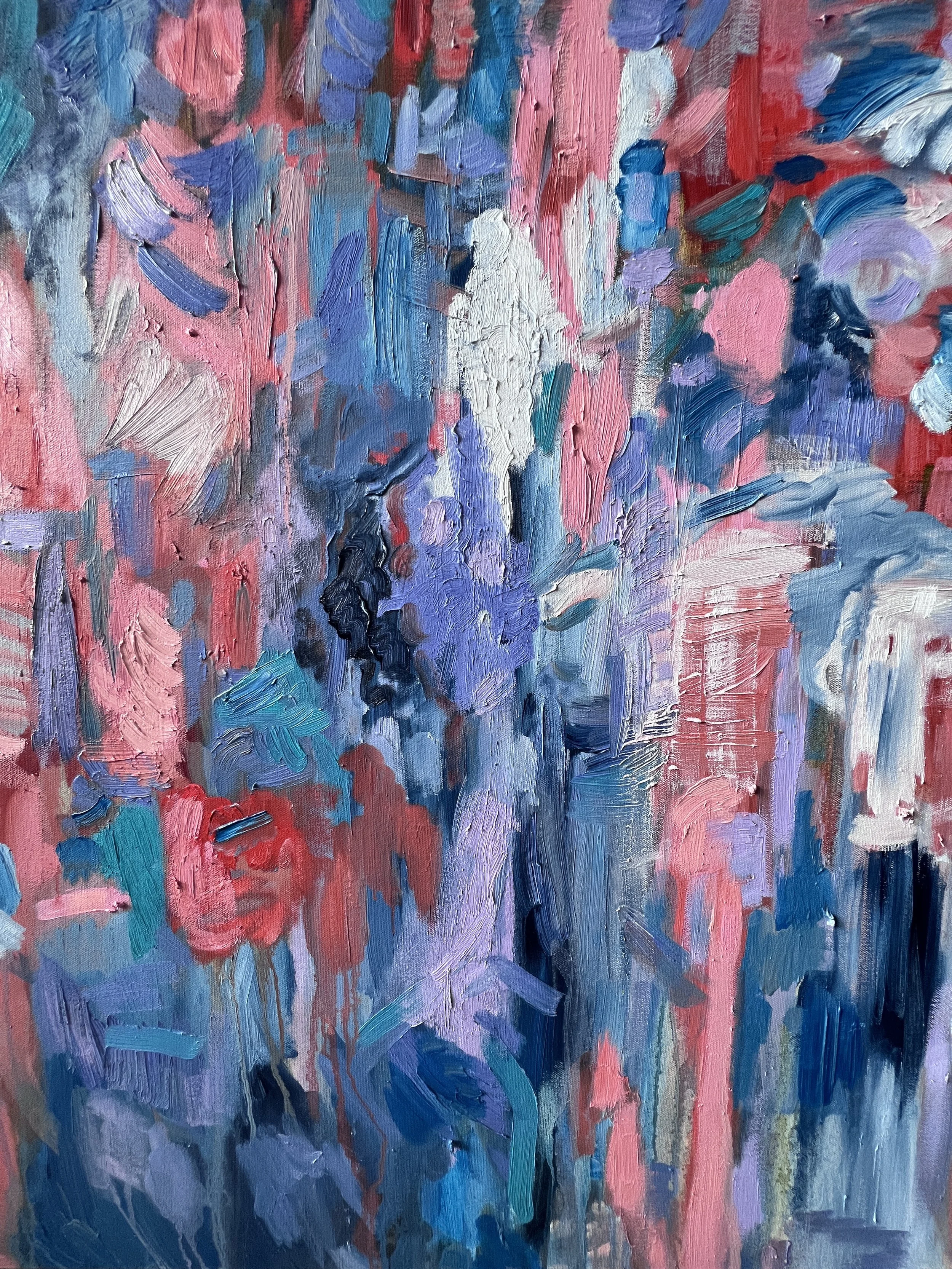 Colorful, dynamic, energetic oil painting by contemporary artist Monica Shulman.  Red, green, black, white, purple gestural abstract mixed media artwork. Contemporary fine art painting for sale.