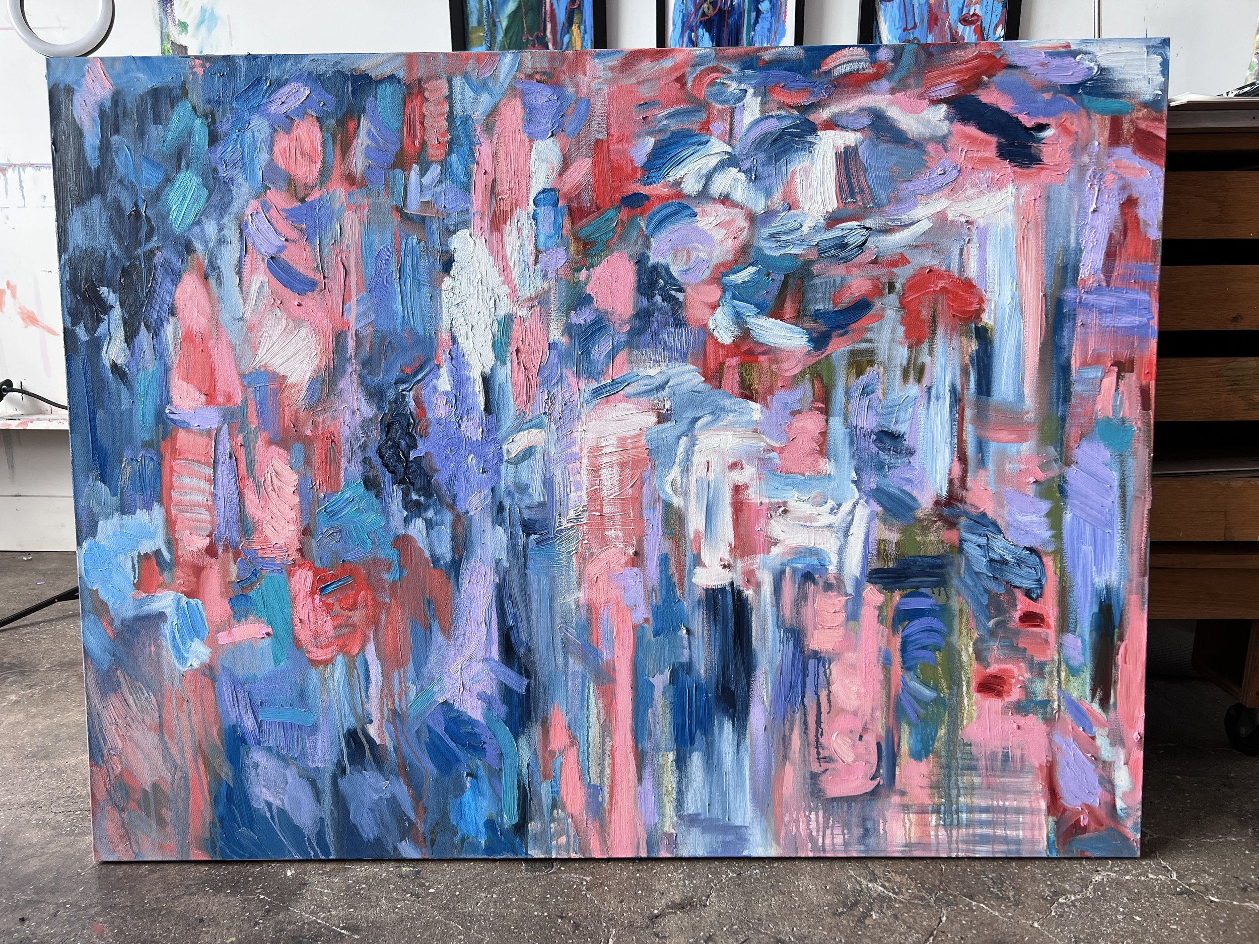 Colorful, dynamic, energetic oil painting by contemporary artist Monica Shulman.  Red, green, black, white, purple gestural abstract mixed media artwork. Contemporary fine art painting for sale.