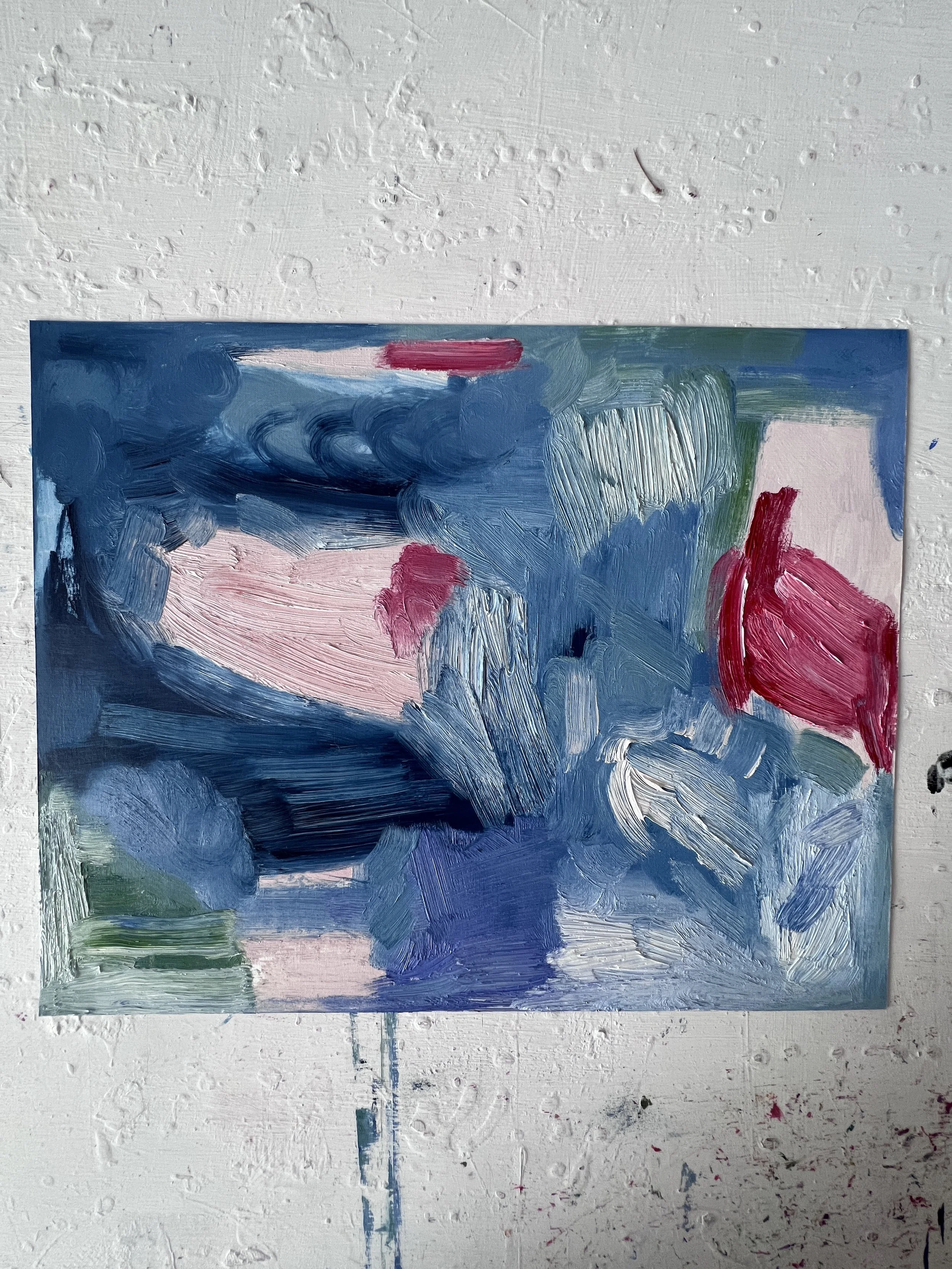 Contemporary Abstract oil painting in shades of blue pink and white by Hudson Valley emerging artist Monica Shulman. Fine art for sale.