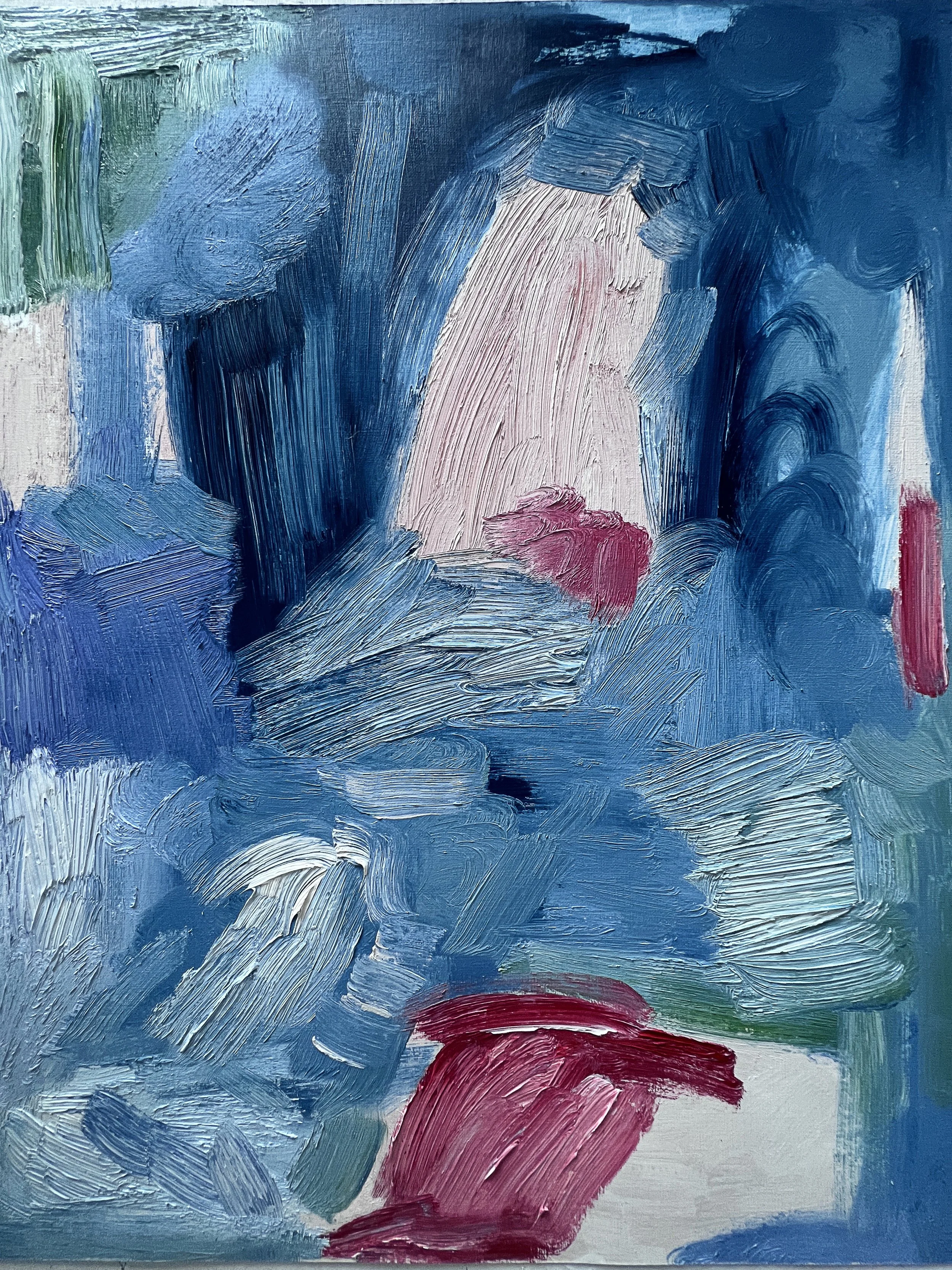 Contemporary Abstract oil painting in shades of blue pink and white by Hudson Valley emerging artist Monica Shulman