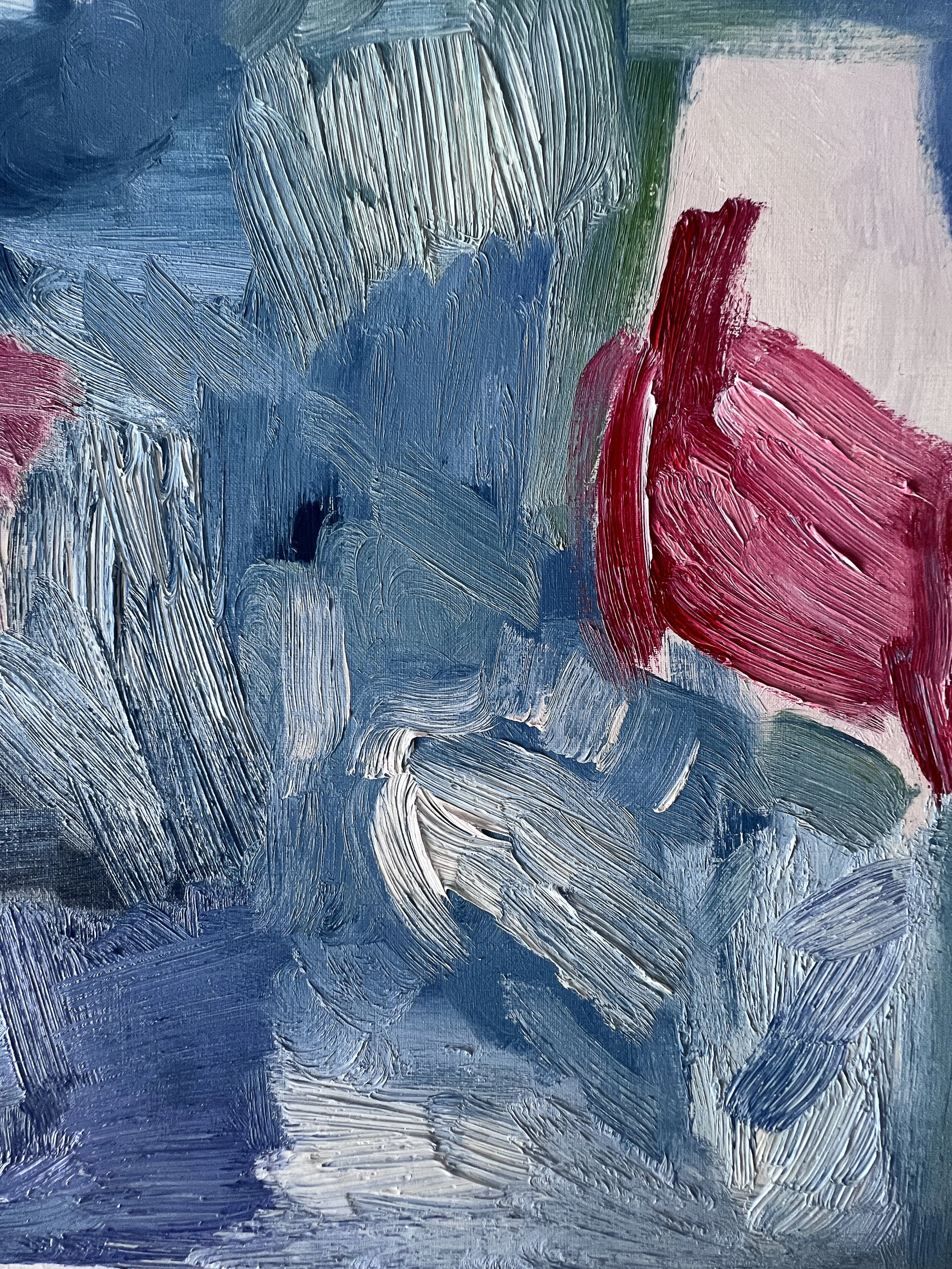 Contemporary Abstract oil painting in shades of blue pink and white by Hudson Valley emerging artist Monica Shulman